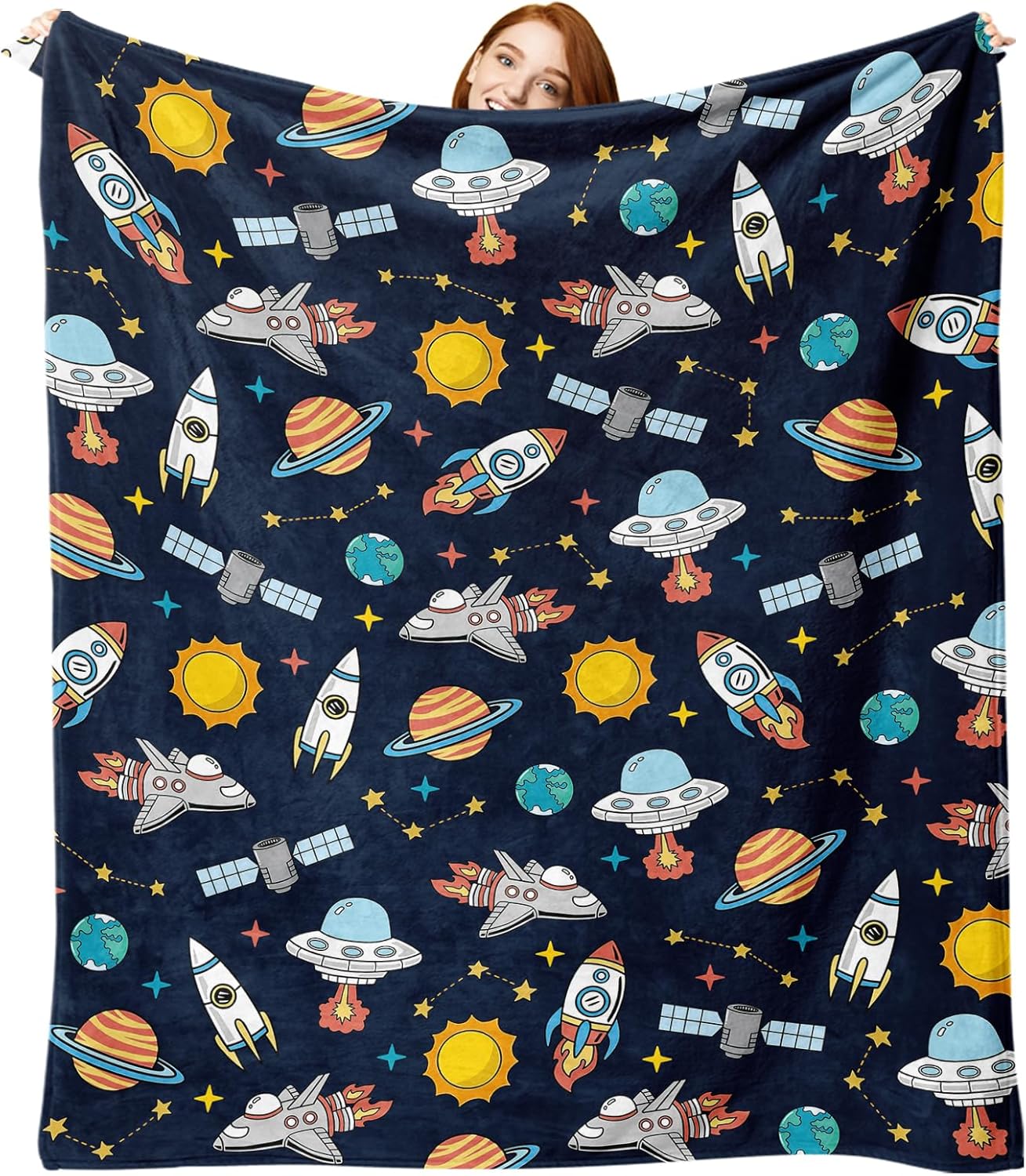 Out Space Flannel Throw Blanket, Planet Rocket Spacecraft Gifts for Kids Boys Baby, Galaxy Sun Stars Birthday Ideas, Soft Blankets Present for Children Teens 50'' x 60''