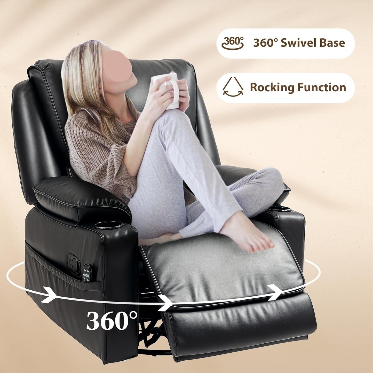 Swivel Rocker Recliner Chair with Vibration Massage and Heat Remote Footrest Cup Holders and Side Pockets Oversized Ergonomic Lounge Chairs for Living Room