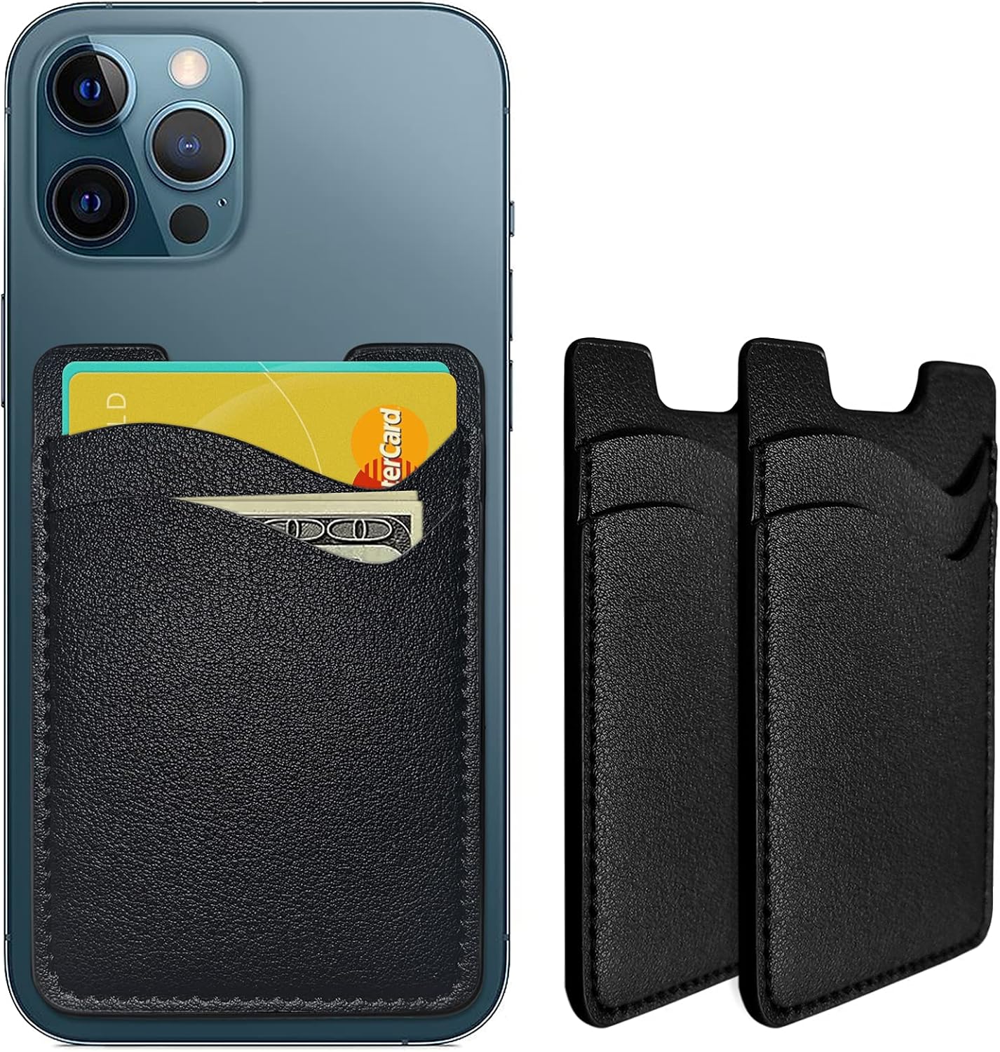 Leather Phone Wallet, Stick On Card Holder for Back of Phone Case - Compatible with Most Cell Phones (iPhone, Samsung) - 2Pack Black
