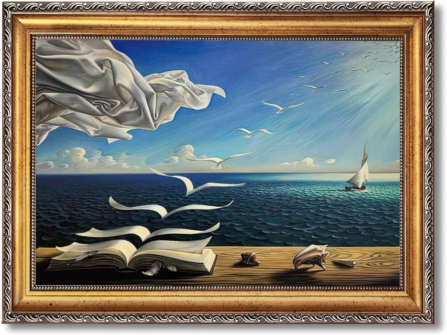 Qcrpnhy Surreal Ocean Dream Poster Wall Art Flying Pages And Seagulls Canvas Print Nautical Fantasy Book Scene Coastal Wall Decor For Living Room Bedroom Office 24x36inch Golden frame