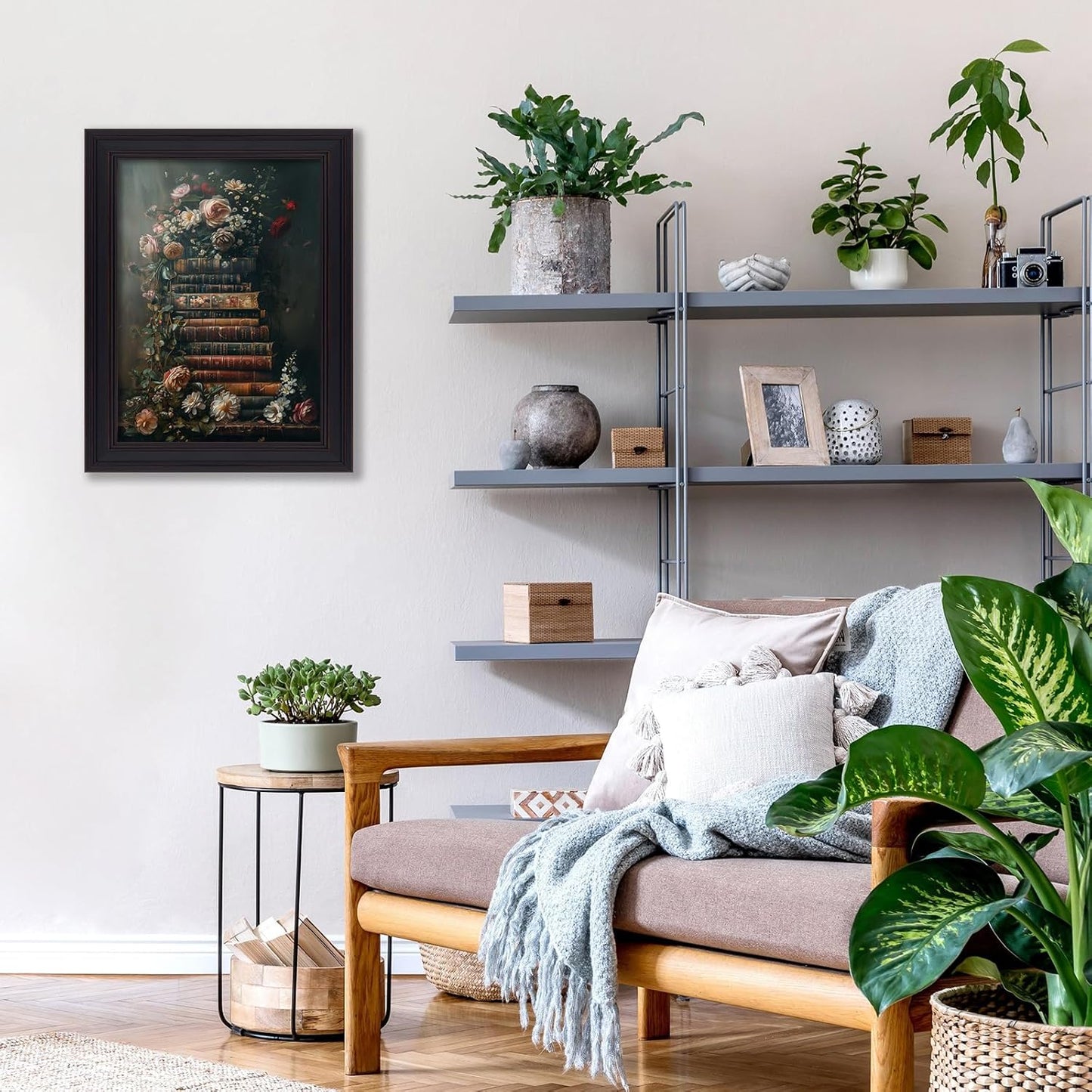 Vintage Framed Book Floral Wall Art Dark Academia Antique Flower Poster Retro Library Botanical Oil Painting Rustic Cottagecore Canvas Prints for Gallery Bathroom 08x10 inch