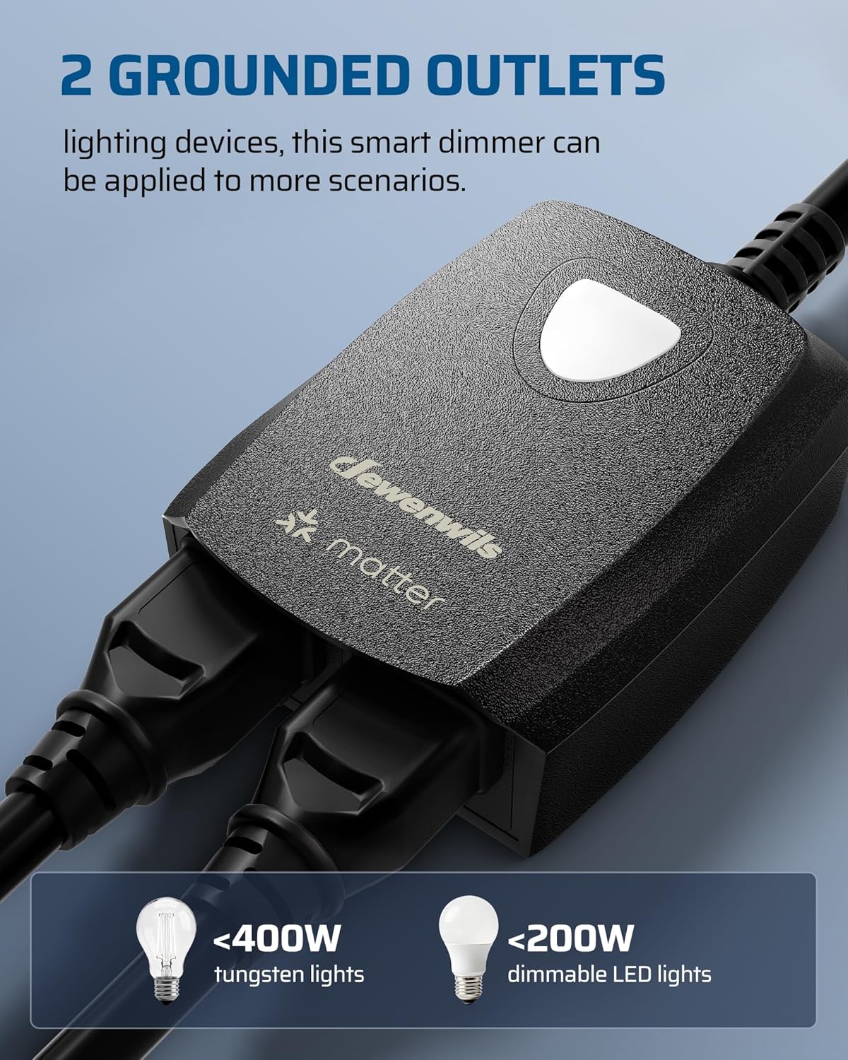 DEWENWILS Wi-Fi Matter Smart Dimmer Plug, Remote Control, 2 Grounded Outlets, Work with Alexa/Google Home, Support 200W Dimmable LED & 400W Tungsten Bulbs, Outdoor Dimmer for String Lights