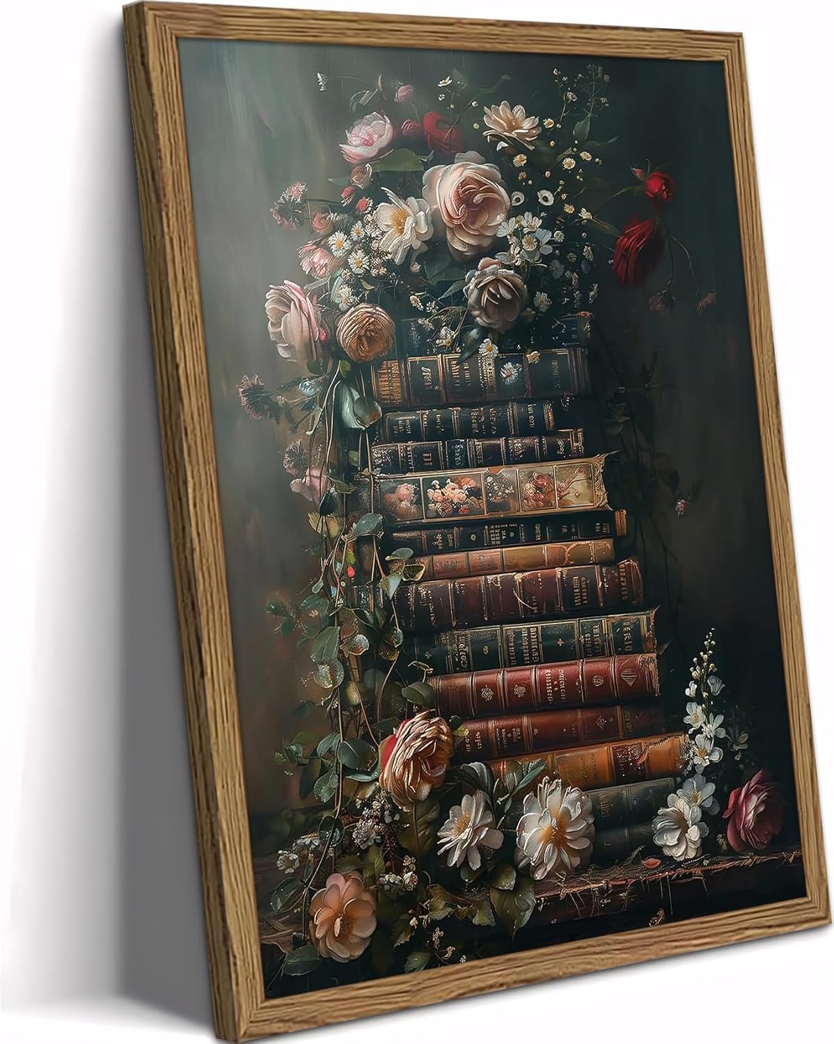 Framed Vintage Floral Wall Art – Moody Dark Flowers & Antique Books Oil Painting, Dark Academia Floral Canvas Wall Decor, Solid Wood Frame Picture for Living Room Office 16x12in