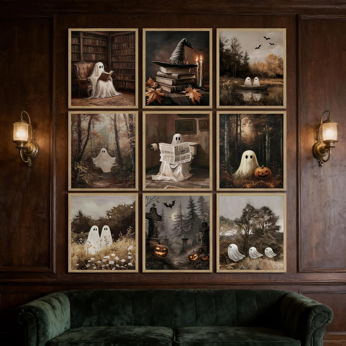 Vintage Ghost Halloween Canvas wall art Aesthetic Farmhouse paintings pictures wall decor Retro fun ghost reading book poster printing Artwork for Gallery Wall Living Room Bedroom Home decoration