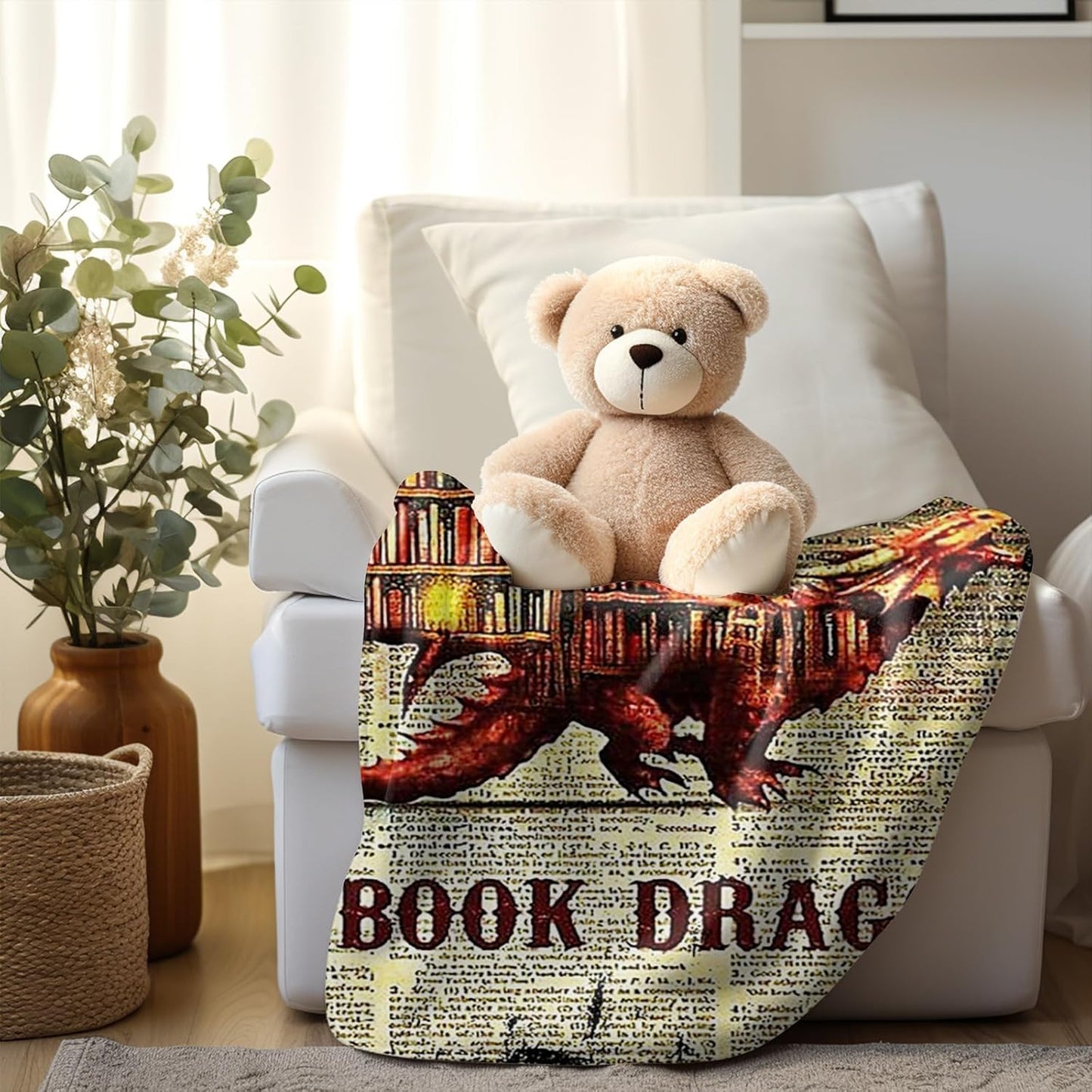 Book Dragon Fleece Blanket Cozy Throw for Book Lovers, Vintage Dragon Design on Text Background, Warm and Soft Reading Blanket for Home, Couch, or Bed (L80 xW60)