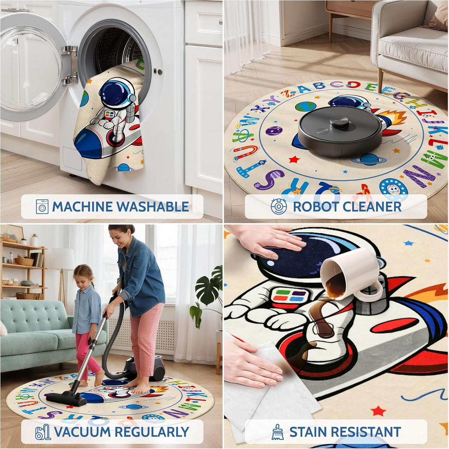 ABC Kids Alphabet Round Rug 4ft, Washable Soft Circle Nursery Rug, Non-Slip Educational Carpet with Space Astronaut Design for Classroom, Playroom & Kids Room Decor Blue