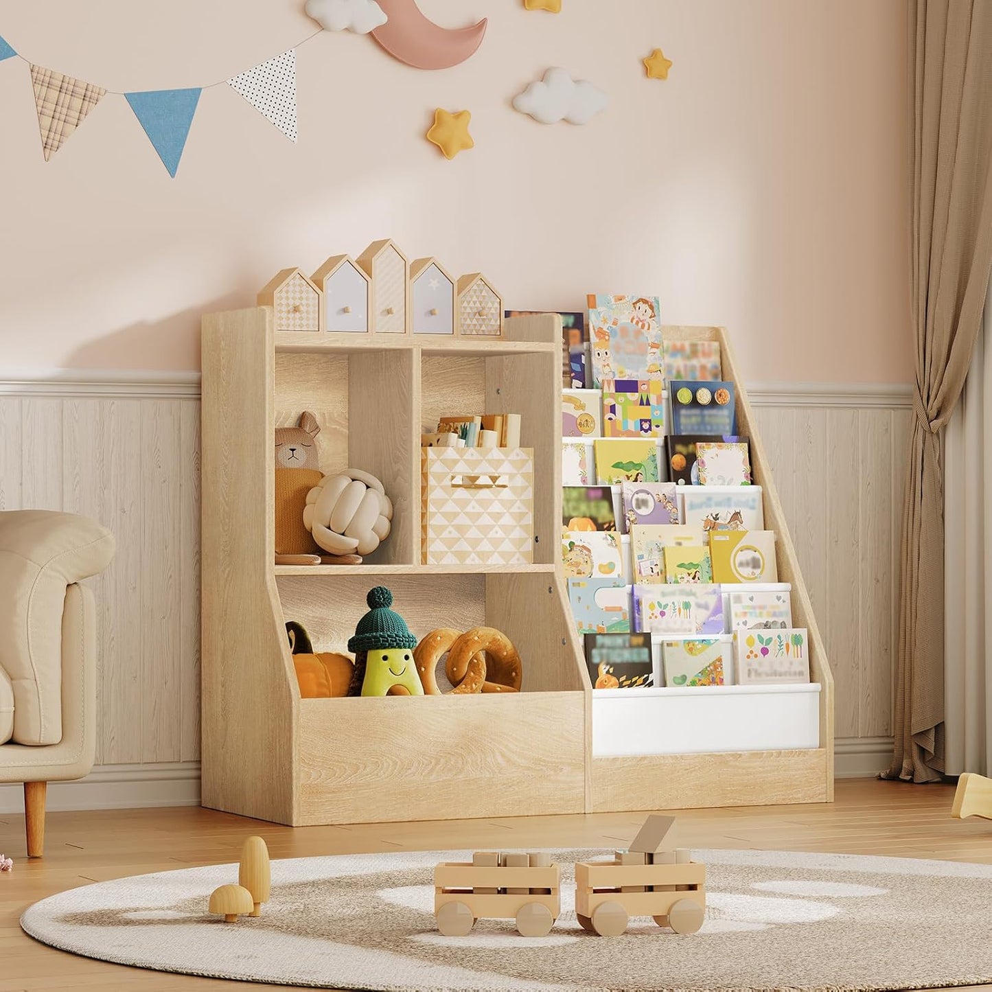 39.4" Kids Bookshelf and Toy Storage, 7 Layer Kids Book Sling Shelf, Toddler Bookshelf, Kids Bookcase, Toy Organizer Cabinet, Large, for Playroom, Bedroom, Nursery, Natural BKNW7301