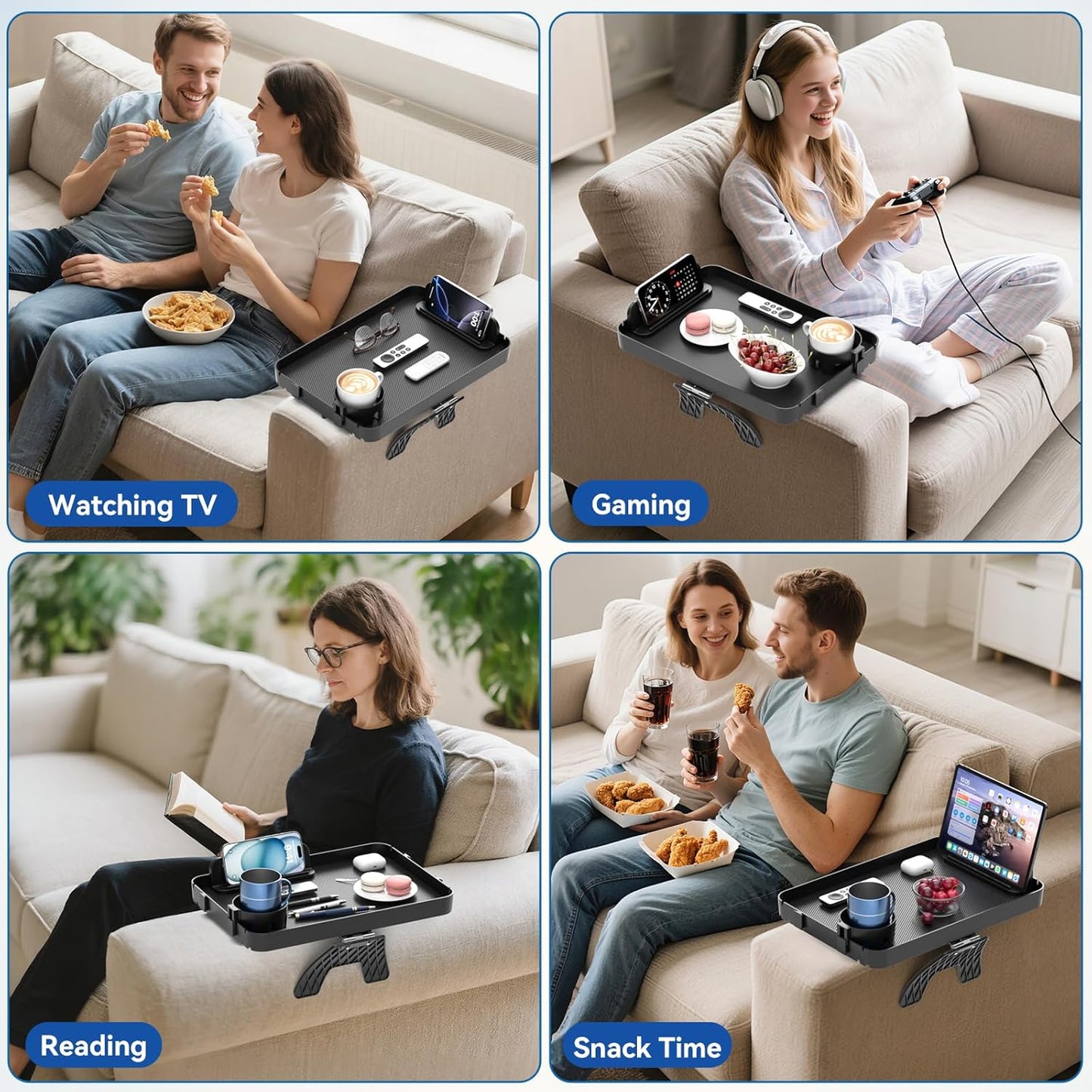 Couch Armrest Table Couch Arm Tray Cup Holder Plastic Armchair Caddy Recliner Arm Caddy Large Sofa Armrest Organizer Adjustable Clip on Snack Tray Drink Holder Removable Phone Pad Holder 16.38x11.02''