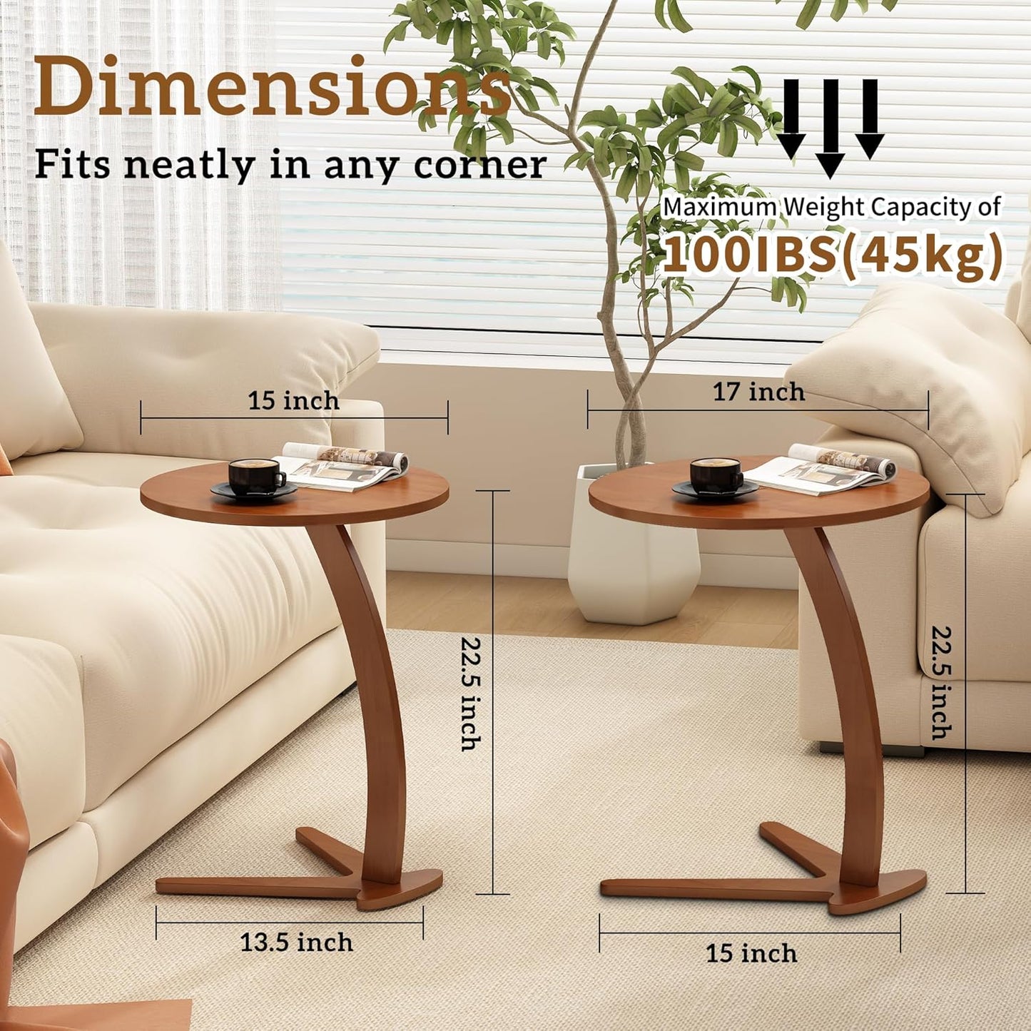 Couch Tables that Slide Under: 15 '' Modern C Shaped End Table Nightstand with Natural Solid Wood Small Bedside Table for Living Room Bedroom Farmhouse Small Spaces (Medium)