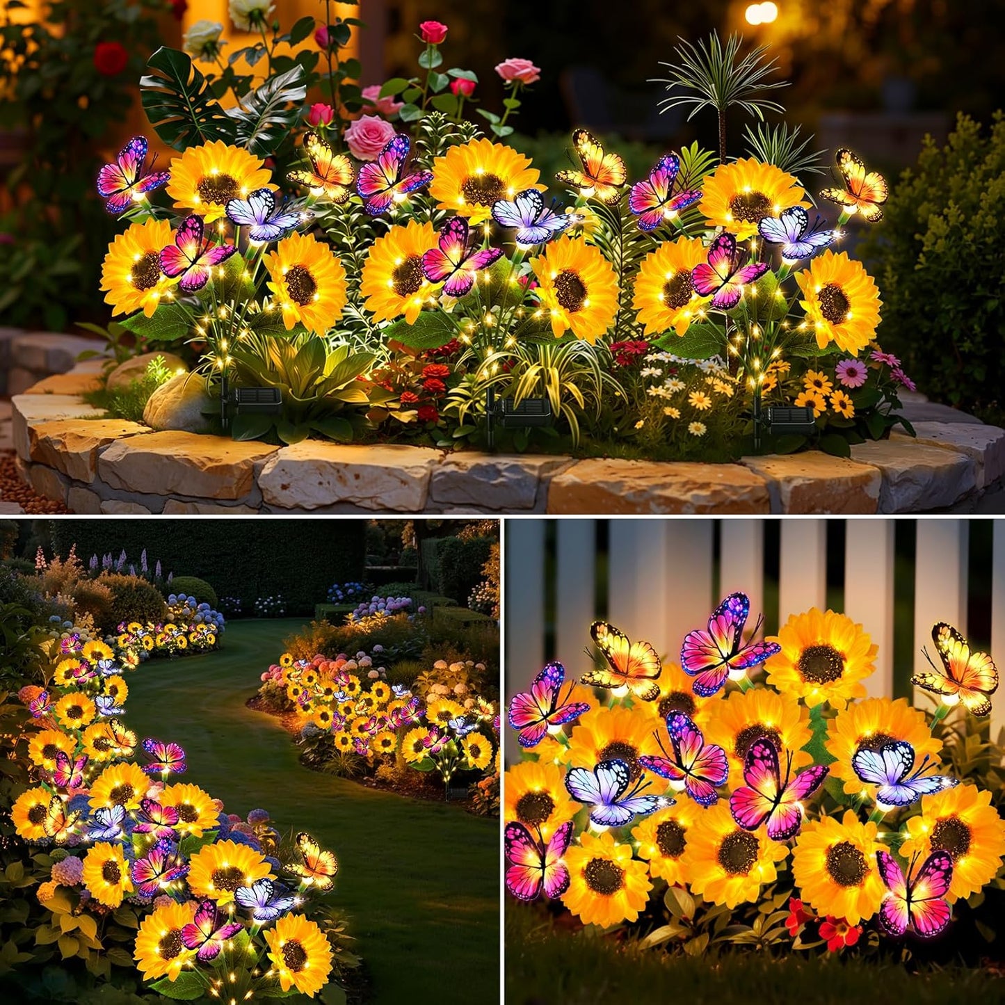Solar Sunflower Lights Outdoor, 3 Pack Solar Garden Lights with Butterfly Decor, IP65 Waterproof Outdoor Solar Lights for Yard, Garden, Pathway, Patio Decor, Best Mother’s Day Gift Ideas for Mom