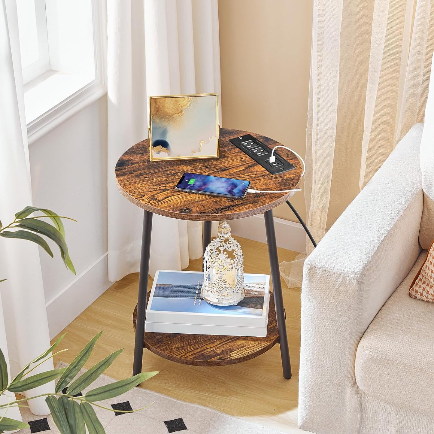 HOOBRO Round End Table with Charging Station, 2-Tier Small Circle Side Table, Round Accent Table for Living Room, Bedroom, Rustic Brown BF671BZ01