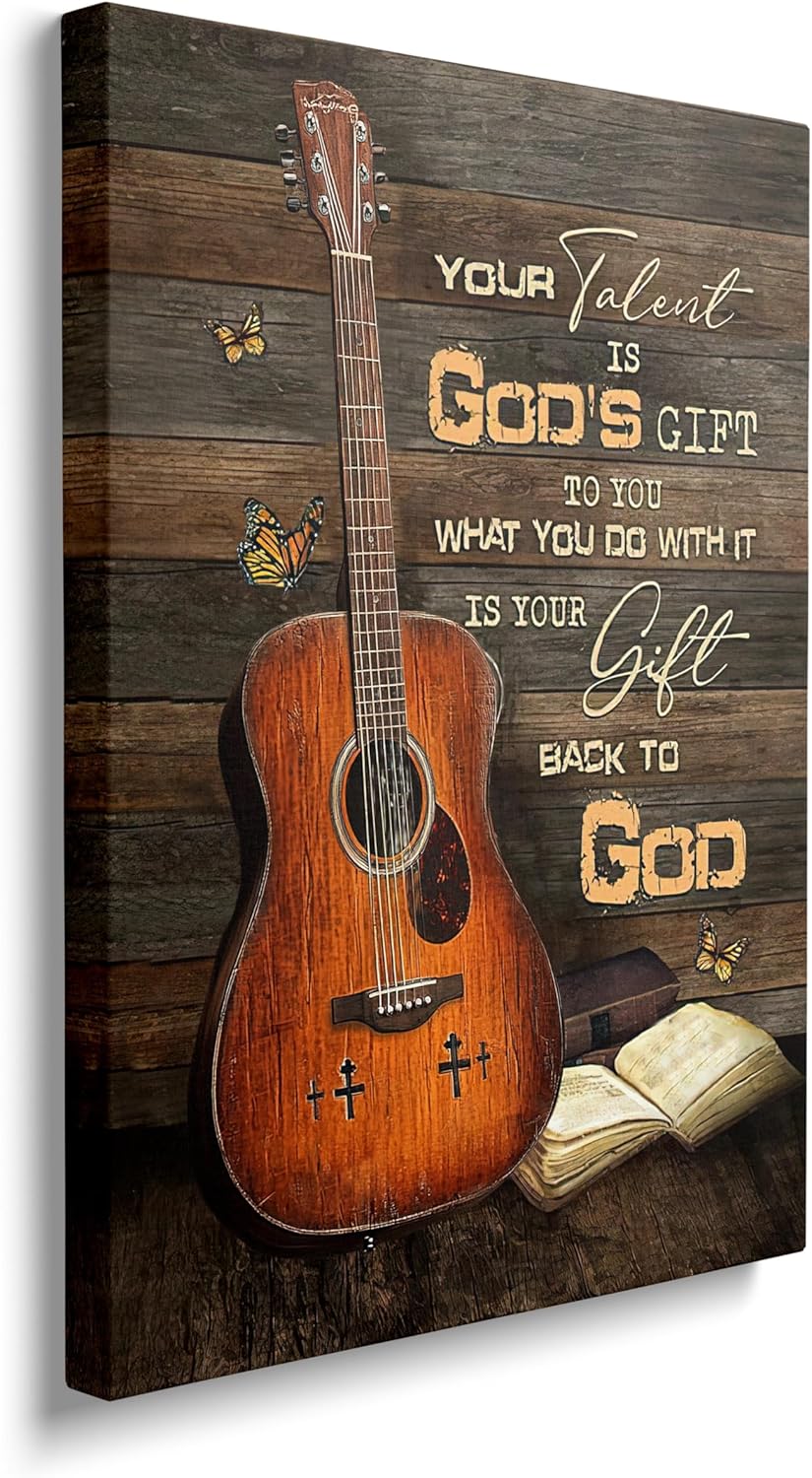 Guitar Canvas Wall Art Vintage Musical Christian Pictures for Kitchen Bedroom Bathroom Office Retro Guitar Music Print Religious Painting Farmhouse Modern Artwork Framed Wall Decor 16" x 12"