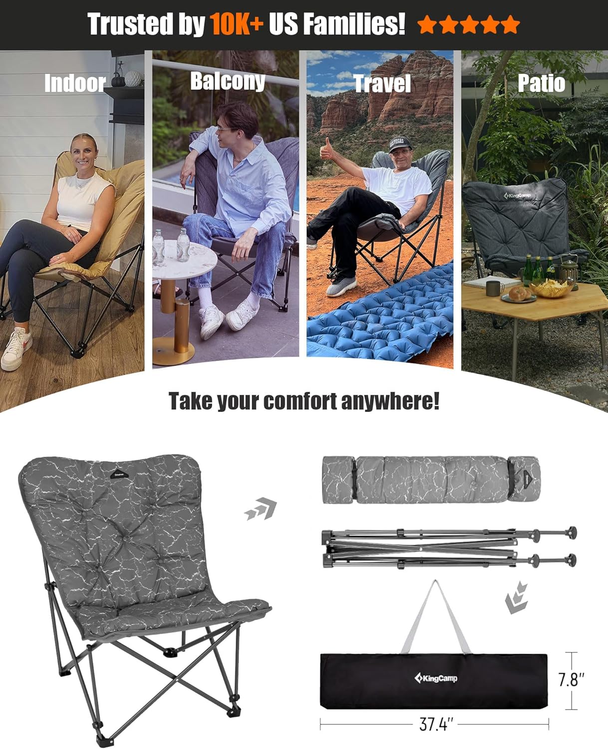 KingCamp Folding Comfy Butterfly Chair Oversized Padded Camping Chairs for Adults Comfortable Camp Chair 300lbs Heavy Duty with High Back for Outdoor Lawn Patio Bedroom Living Room Dorm