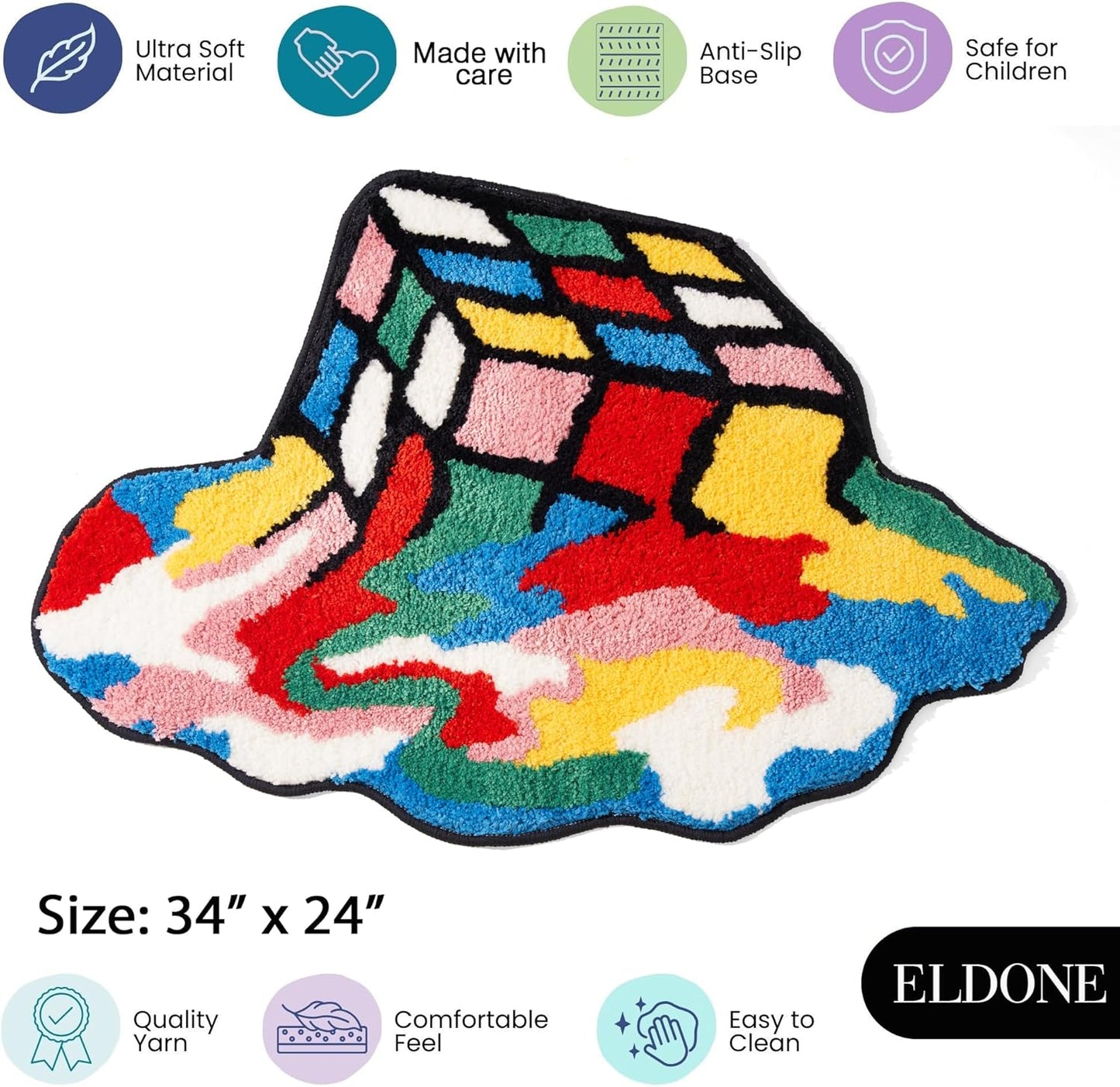ELDONE Melted Magic Cube Rug, Funky Aesthetic Area Rugs 34 x 24 inch Non Slip Washable, Abstract Cute Unique Bathroom Bedroom Small Rugs, Funny Colorful Cool Rugs