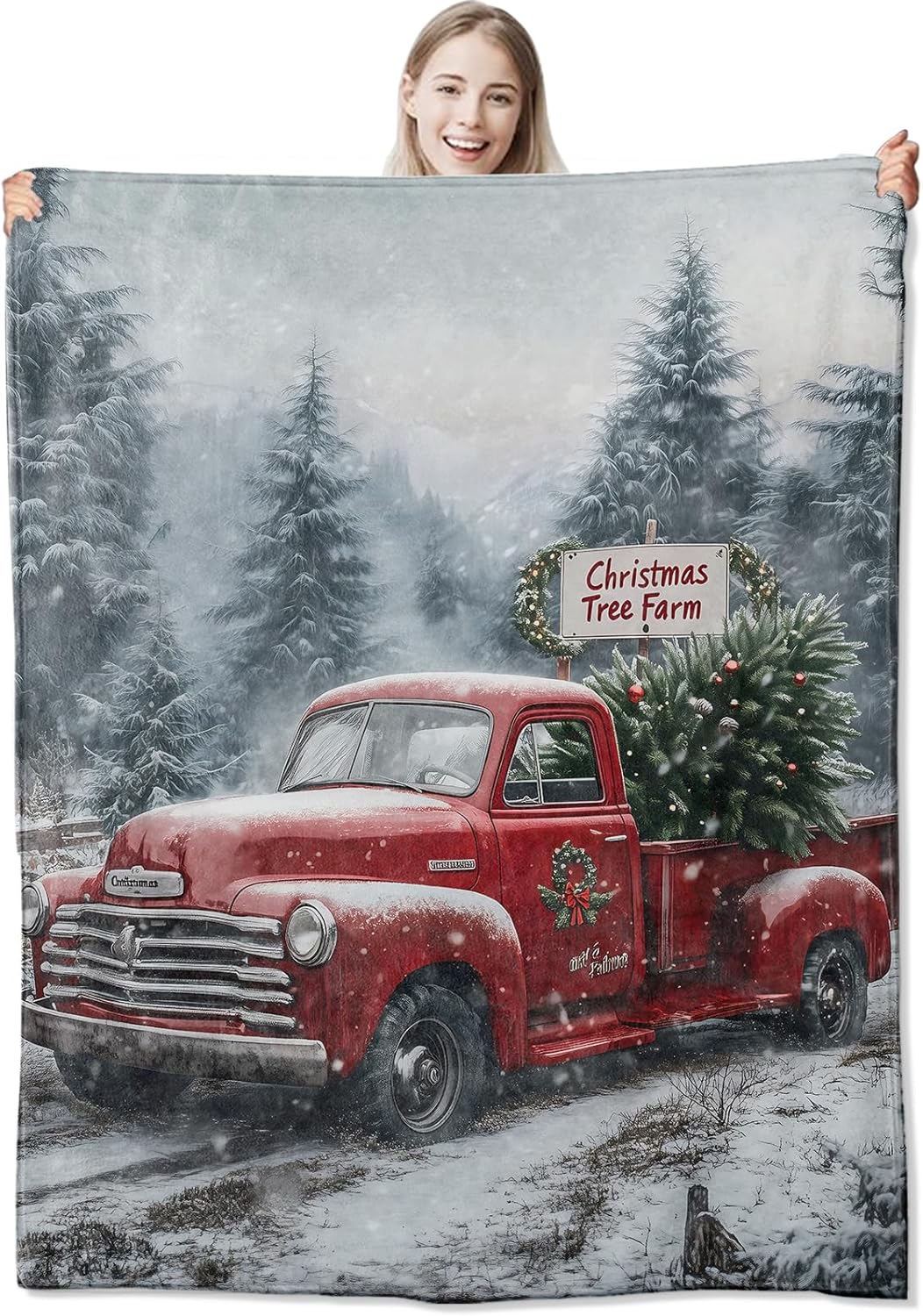 Holiday Truck Flannel Throw Blanket 50x60 Inch, Red Vintage Car with Christmas Tree in Snowy Forest Blankets Soft Cozy Fleece Throws for Adults Bed Sofa Dorm Living Room Winter Decor Gifts
