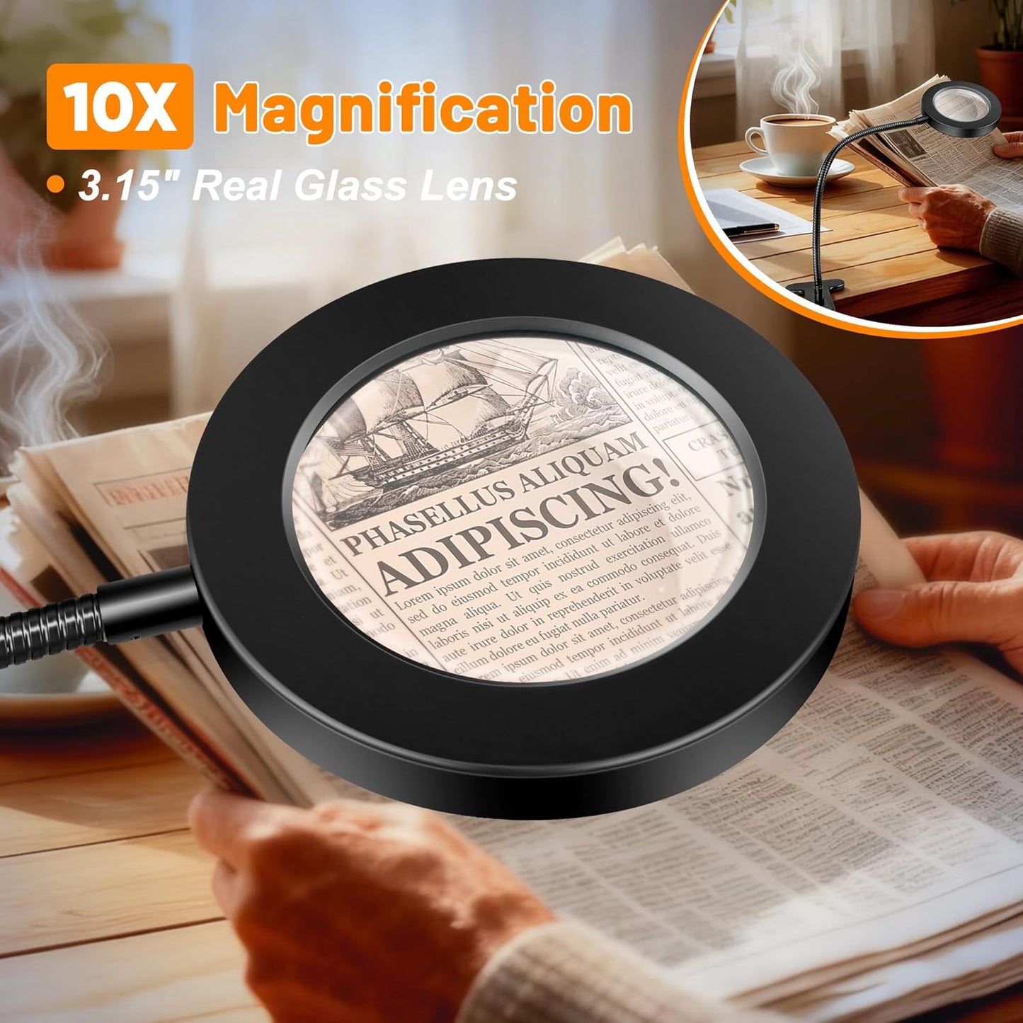 10X Magnifying Glass with Light, 2 in 1 Magnifying Desk Lamp Clip on Mganifier with Light, 3 Color Modes 10 Brightness Levels, 58 LED Clip on Reading Lamp for Bed Crafts DIY Repair,No Adapter