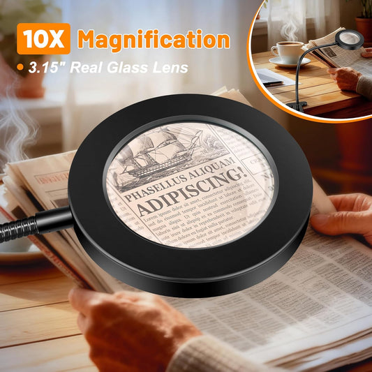 10X Magnifying Glass with Light, 2 in 1 Magnifying Desk Lamp Clip on Mganifier with Light, 3 Color Modes 10 Brightness Levels, 58 LED Clip on Reading Lamp for Bed Crafts DIY Repair,No Adapter
