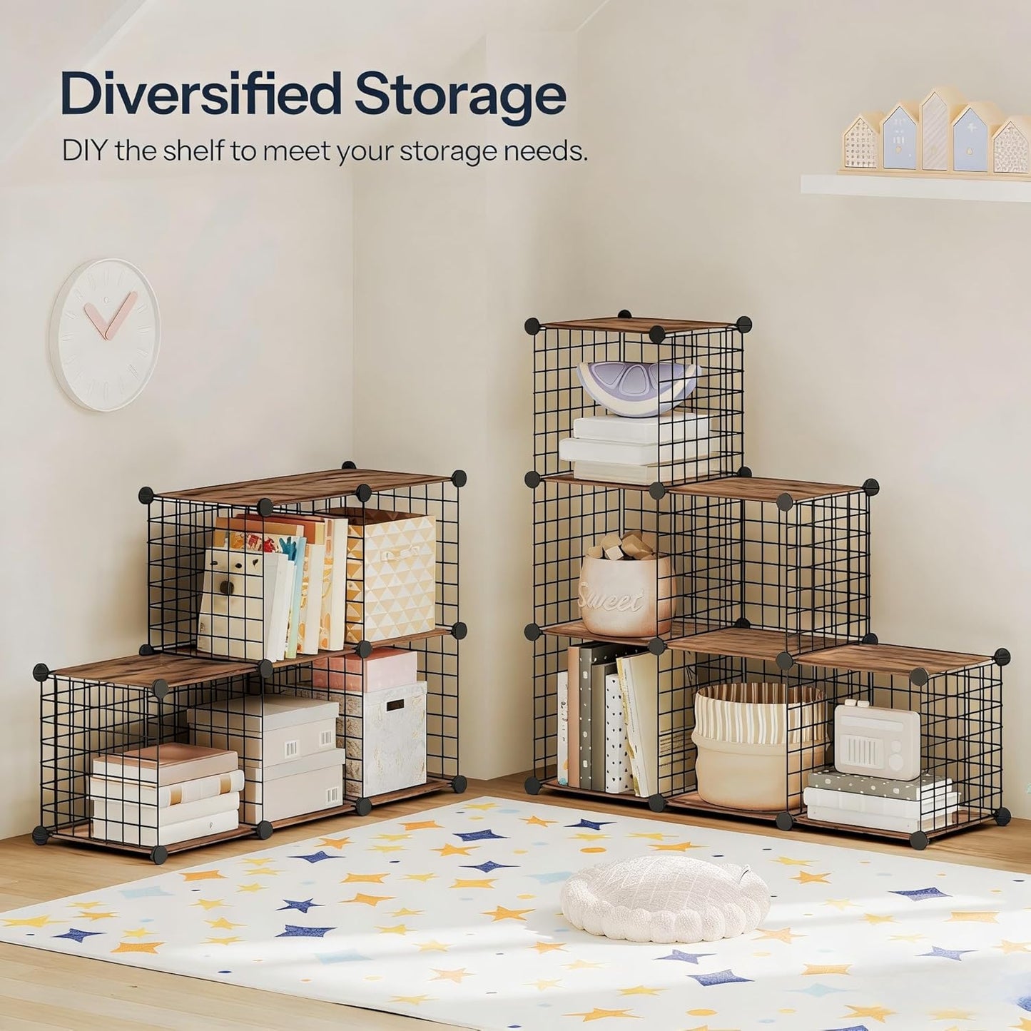 HOOBRO Wire Cube Storage Organizer, 6-Cube Shelves, Modular Shelves with Metal Grid, DIY Closet Cabinet for Living Room, Bedroom, Rustic Brown and Black BF06CW01