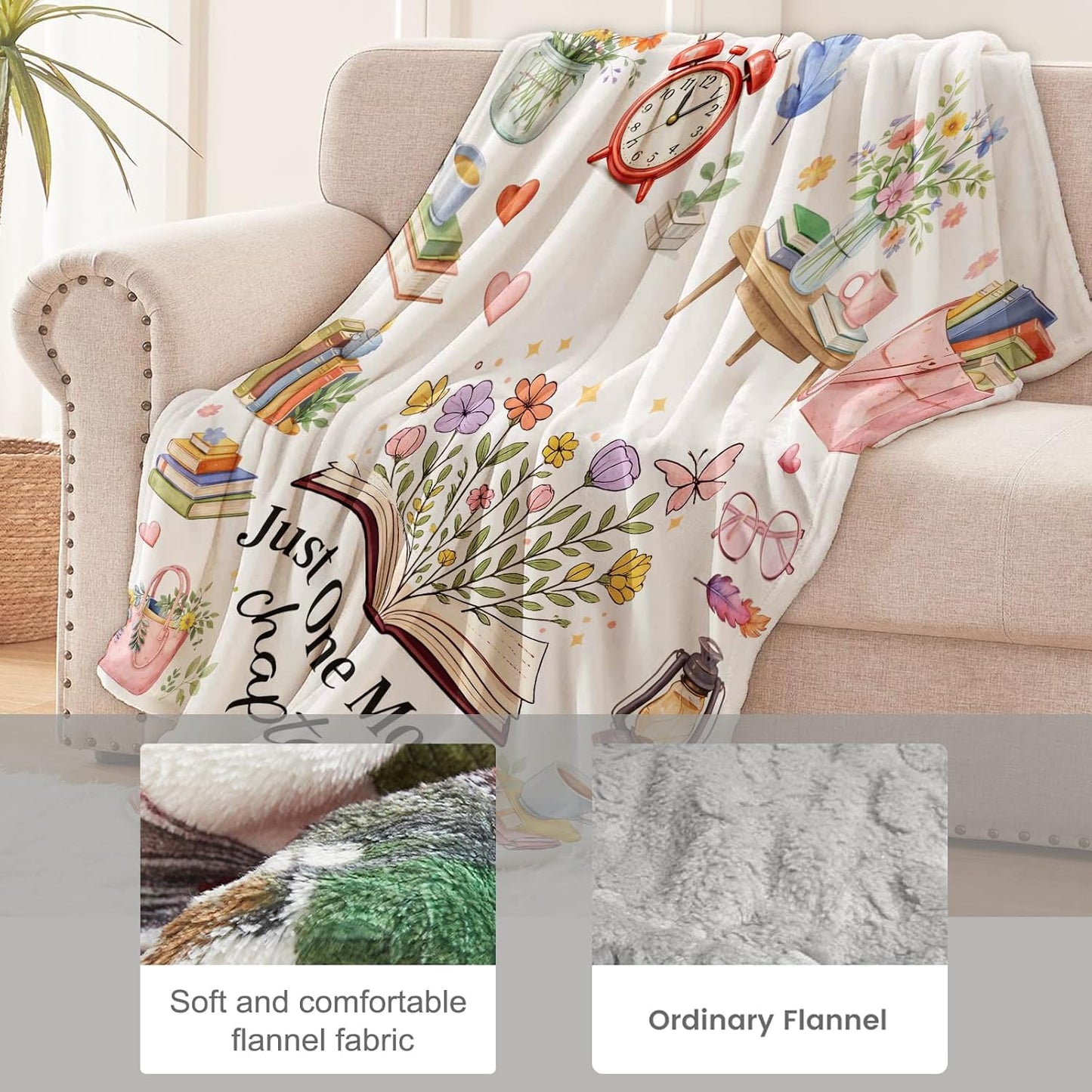 Reading Books Blanket for Book Lovers and Nerd, Flannel Watercolor Floral Blankets, Book Club Gifts, White Soft Warm Cozy Throws for Sofa Couch Bed Living Room Bedroom Home Decor 60" x 50"
