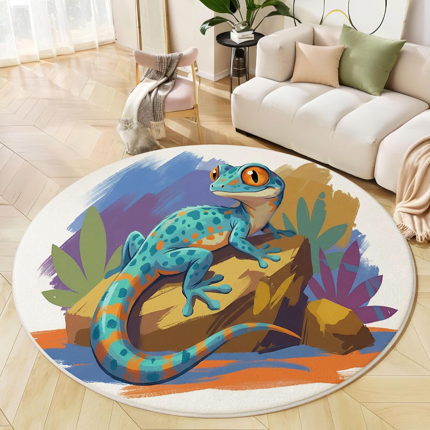 Modern Round Area Rug for Living Room, 5Ft Washable Round Rug Turquoise Watercolor Gecko Rocks Circle Rugs for Dining Room Table, Cartoon Animals Small Circular Floor Carpet for Bedroom