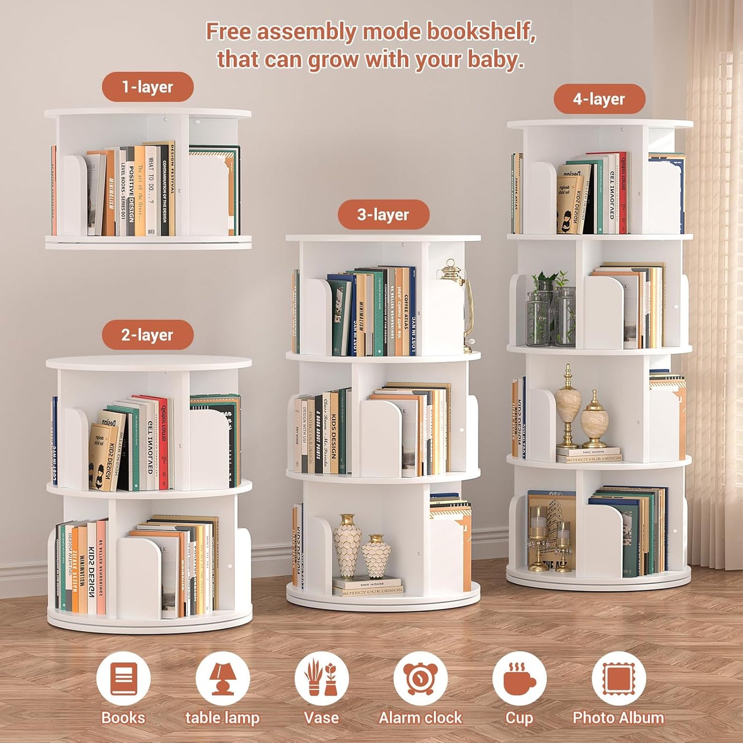 Rotating Bookshelf, Wood Corner Bookshelf, 360 Display Spinning Bookcase Storage Rack, 4 Tier Floor Standing Revolving Bookcase Narrow Book Shelf Organizer for Small Space, Bedroom, White