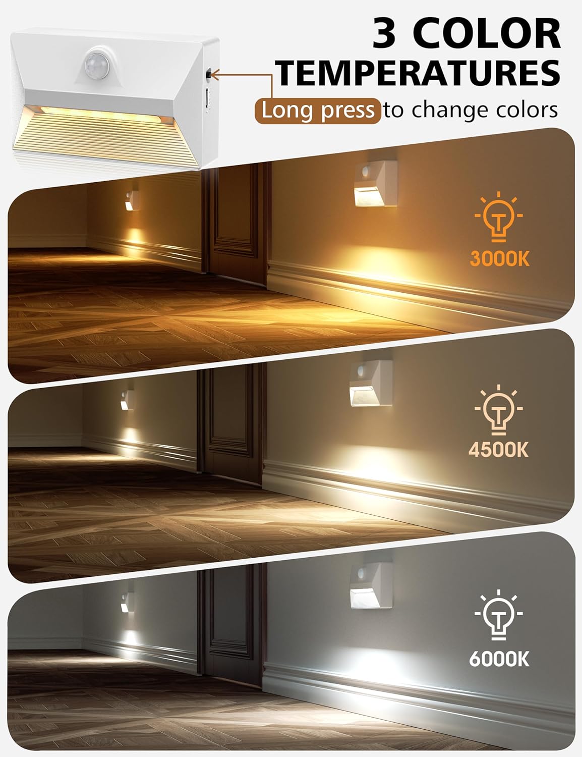 NIORSUN Motion Sensor Stair Lights Indoor, 2000mAh Battery Operated Night Light, 3 Color Temperature with Light Sensor for Stairway, Hallway, Bathroom, Kitchen, Bedroom White 4 Pack