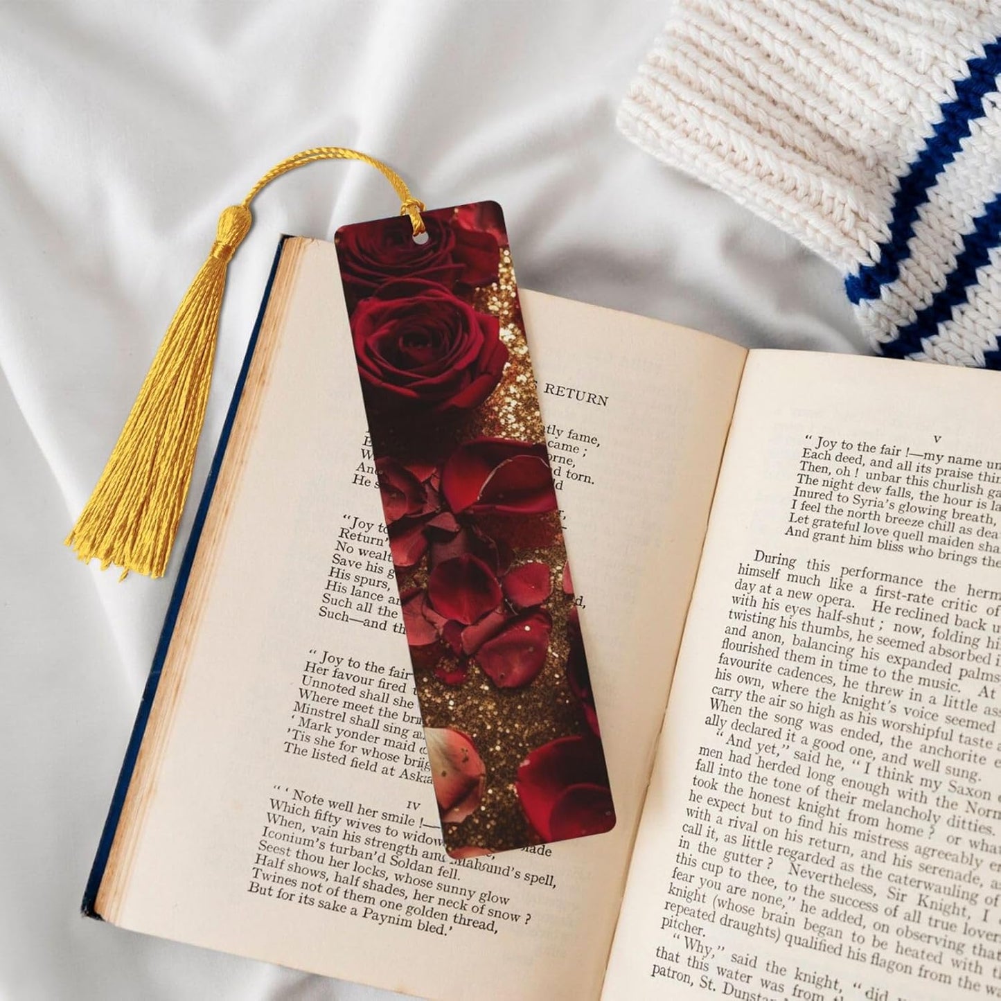 Rose Sparkling Bookmarks Gifts for Women Men, Wooden Bookmarks for Book Lovers, Vintage Book Marks Ornaments with Tassel, Unique Personalized Reading Page Markers Gold
