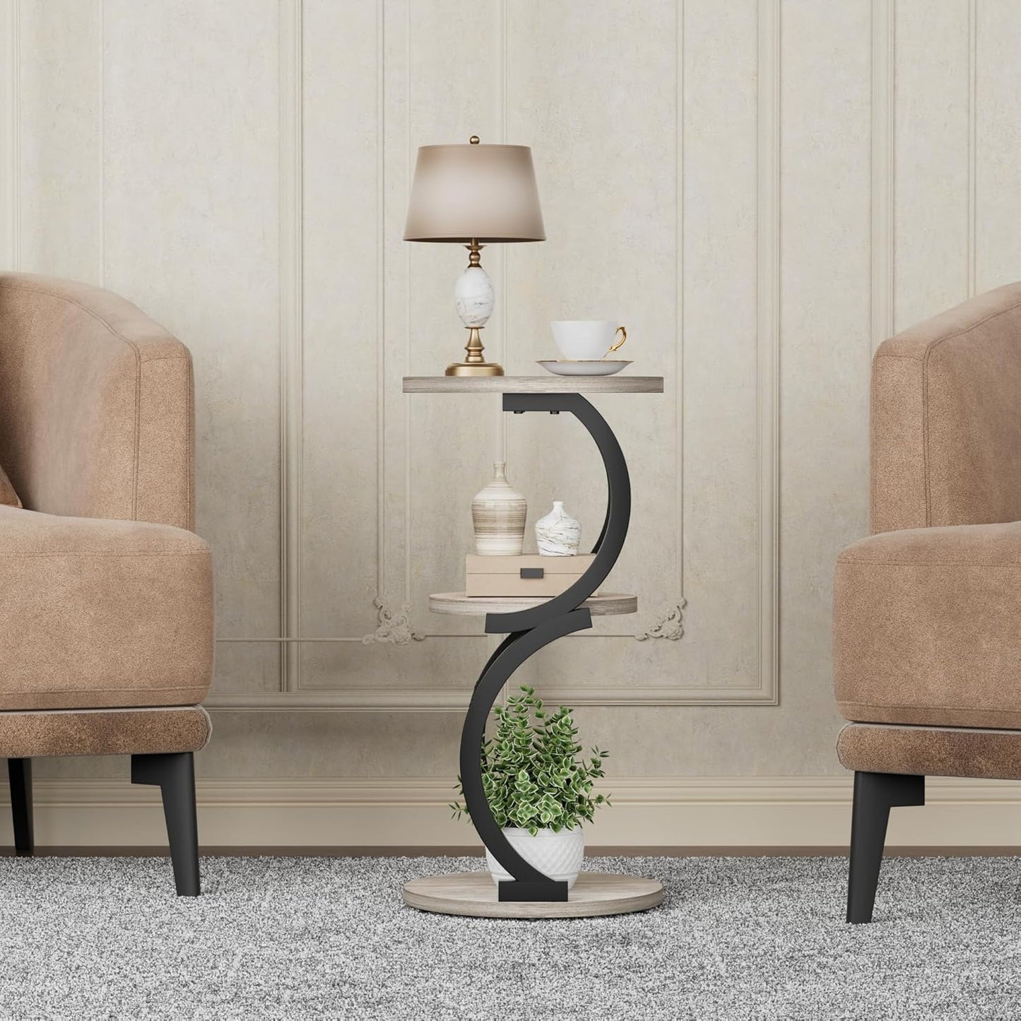 JUSTOGO Small Round Side Table, 3-Tier End Table for Living Room, Vintage Nightstand for Small Spaces Sofa Couch Corner Bedside Bedroom, S-Shaped Wood Accent Table Metal Coffee Table, Greige