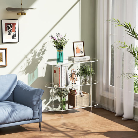 Clear Acrylic Bookshelf, 31.5" L x 11.8" W x 27.7" H, 3 Tier Oval Acrylic Bookcase Table with Open Book Shelf, Modern Storage Organizer Entry Console Table for Entryway Living Room Bedroom