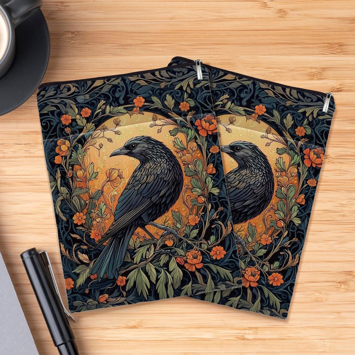 Vintage Flower&Raven William Morris Book Sleeve for Book Lovers, Bookish Book Protector with Zipper, Washable Fabric Book Cover for Paperbacks & Hardcovers,11.4 x 9.1Inches (Black-Raven, Medium)