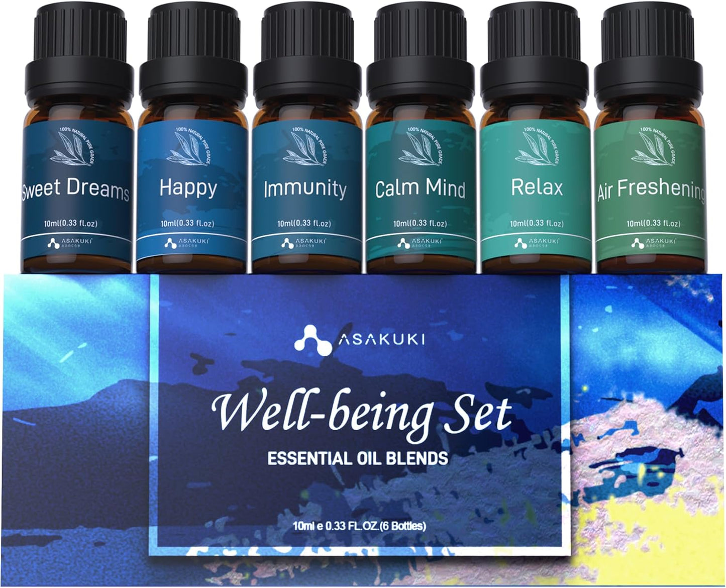 ASAKUKI Essential Oils, Essential Oil for Diffusers for Home, Well-Being Kit- Calm Mind, Sweet Dreams, Happy, Relax, Air Freshening, Immunity for Aromatherapy, Humidifiers, Massage, 6x10ml