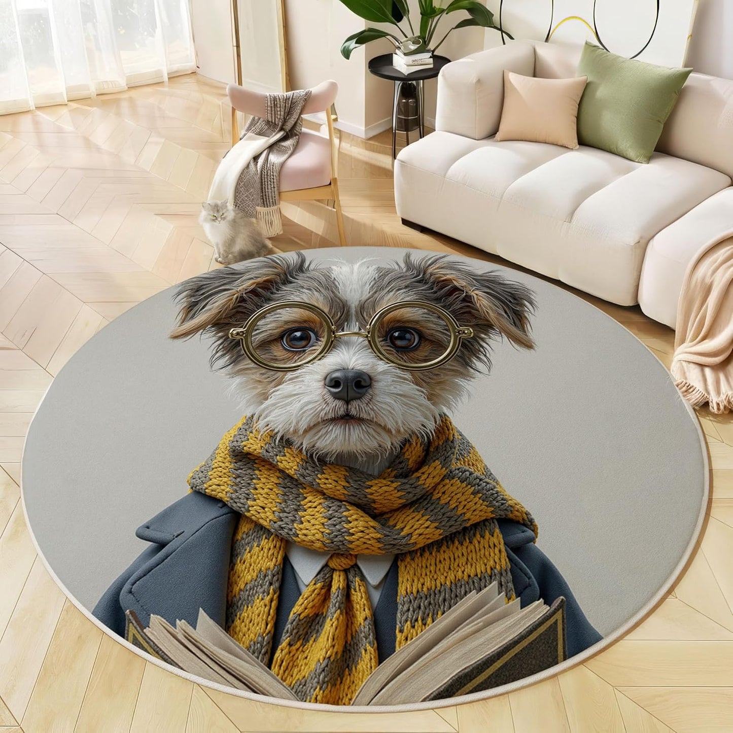 Modern Round Area Rug for Living Room, 6Ft Washable Round Rug Beige Retro Glasses Puppy Circle Rugs for Dining Room Table, Realistic Animal Style Small Circular Floor Carpet for Bedroom