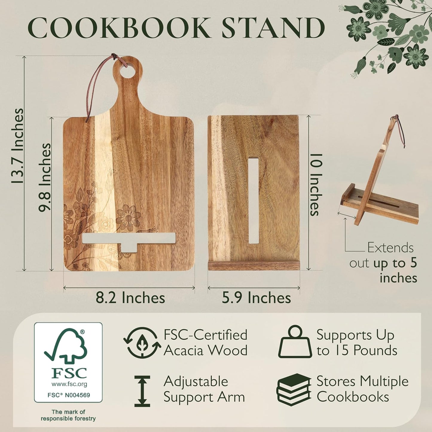 Wood Cookbook Stand for Kitchen Counter - Reversible Acacia Wooden Recipe Book Holder Stand - Cooking Measurement Conversion Card - Gift-Ready Adjustable Tablet Cook Book Holder - Charging Cable Slot