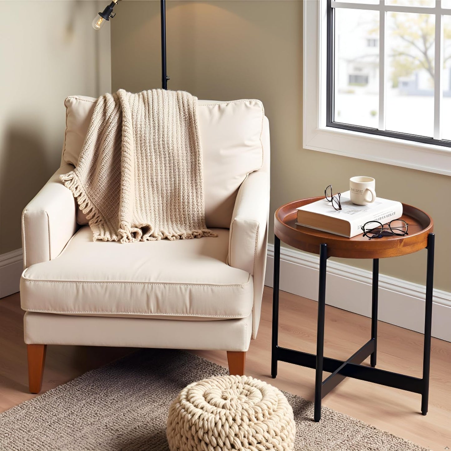 Brookline 20" Round Wood End Table – Solid Top with Tray Edge and Black Metal Legs – Rustic Farmhouse Accent Table for Living Room, Bedroom, or Small Spaces by Alaterre Furniture (Medium Chestnut)