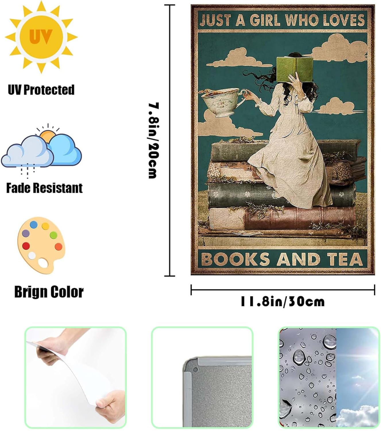 "Just A Girl Who Loves Books And Tea Metal Tin Sign - Vintage Book Lover Wall Art for Home Decor, Reading Nook, Library & Kitchen Office Living Room Bedroom Cafes - 12x8 Inches Inspirational Retro Poster"