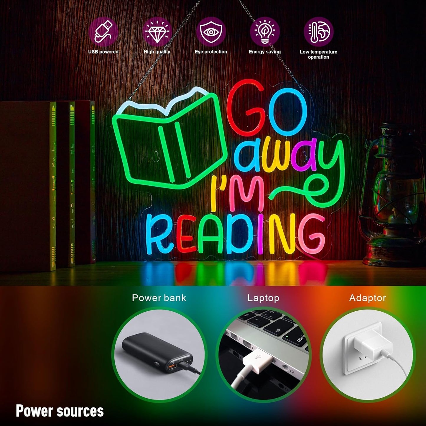 Read Books Neon Sign Go Away I Am Reading LED Light for Kids Room School Library Classroom Wall Decor Dimmable Multicolored Signs (16.5 X 12.6 inch)