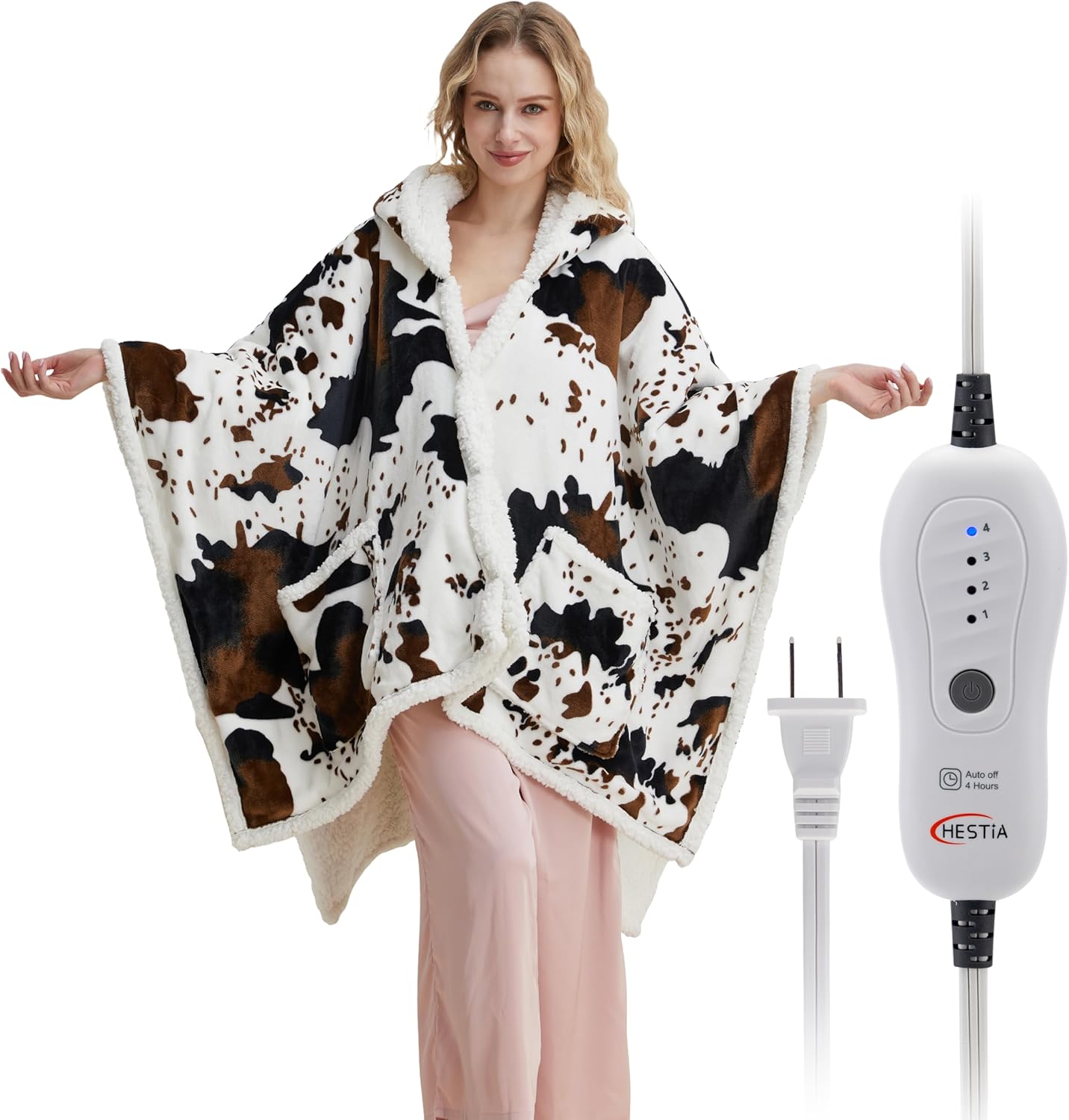 Heated Electric Blanket Shawl Cow Print Wearable Heated Blanket with Hood & Pocket, Winter Gifts for Adults, Soft Heating Blanket Throw with 4 Heat Levels & Auto Shut-Off, Cow Print, 50" x 64"