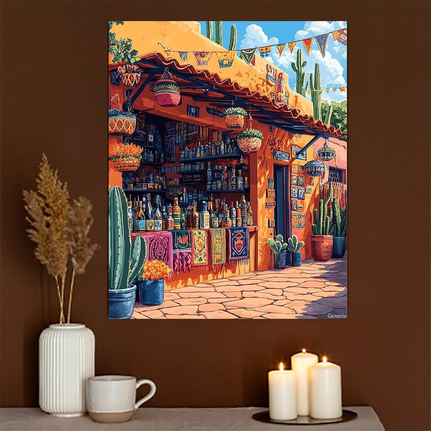 Mexican Tequila Bar Wall Art Colorful Table Runners, Cactus Plants, and Rustic Decor Southwestern Style Canvas Print for Kitchen, Dining Room Home Bar 8x10inch Framed