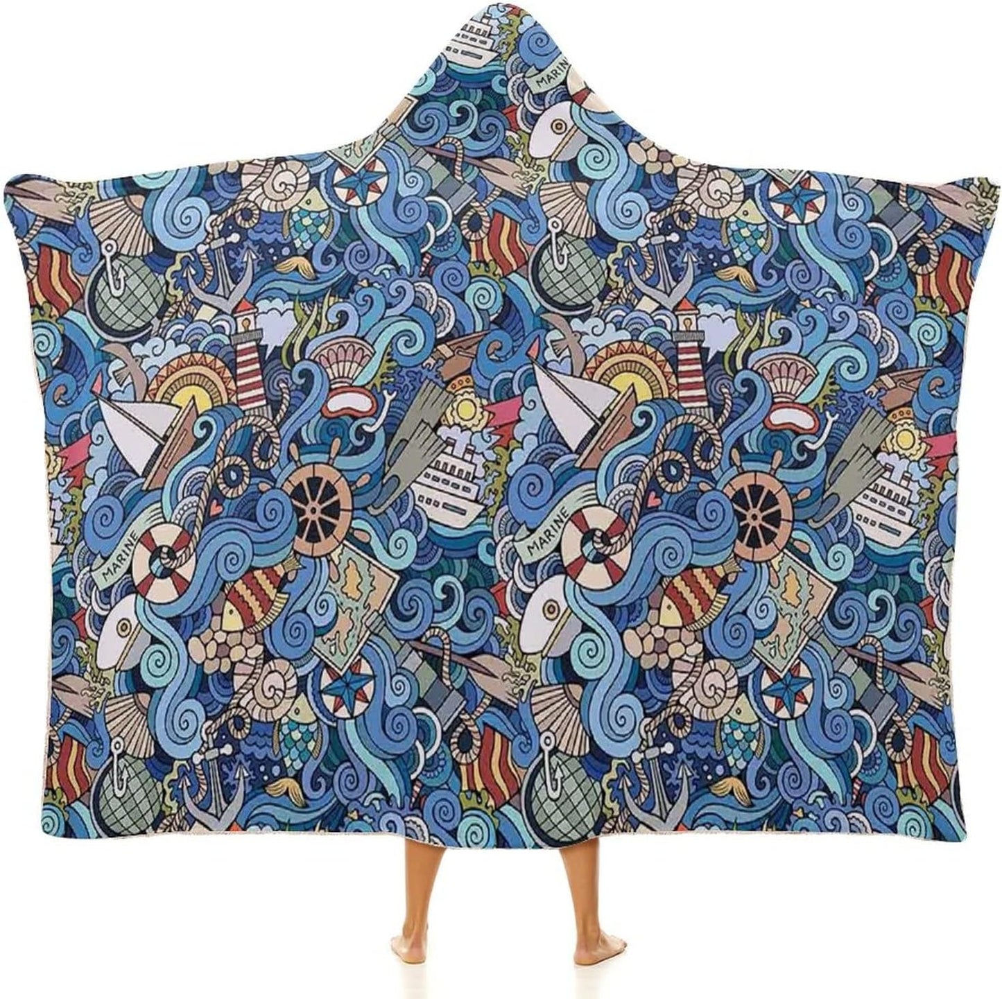 Throw Blankets, Nautical Decor Women Men Hooded Blanket, Abstract Pattern Sea Shells Sea Horse, Soft Warm Cozy, 50 x 60inches, Studying Reading Snuggling Napping Office, Multicolor