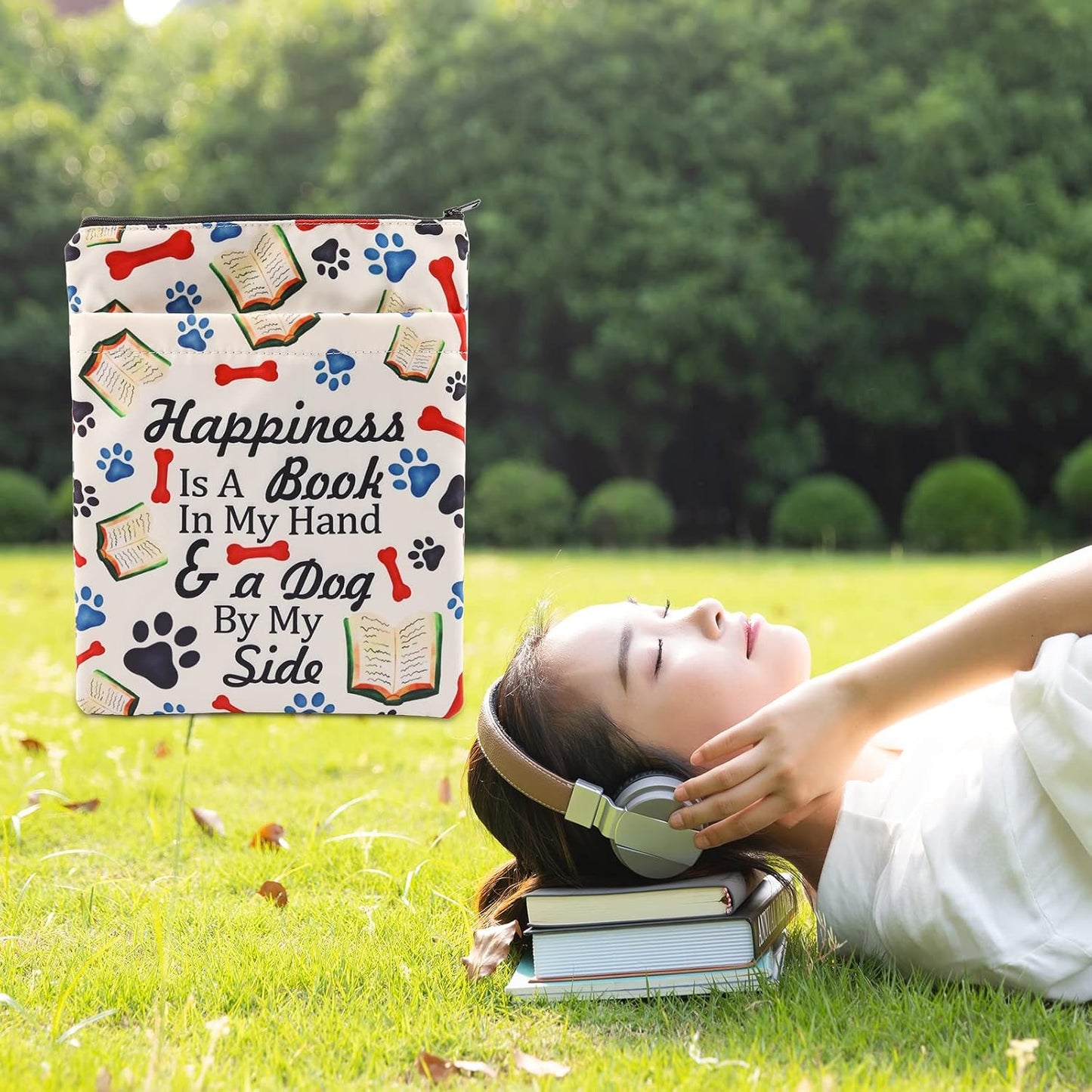 Book Lover Book Sleeve Dog Lover Gift Happiness is A Book in My Hand & a Dog by My Side Book Protector for Animal Lover (Happiness-B)