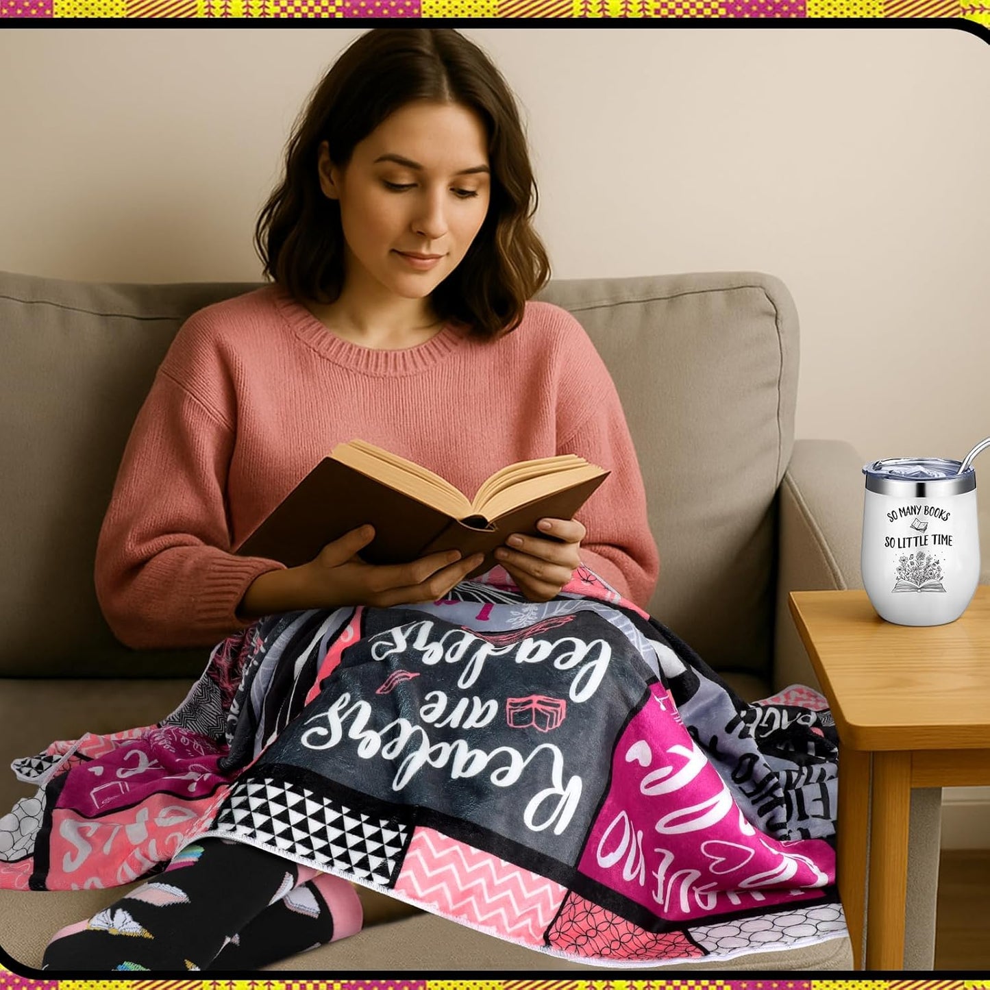 3 Pcs Book Lovers Gifts for Women Include 60'' x 50'' Flower Reading Blanket Insulated Simple Wildflowers Tumbler Socks for Library Club Librarian Cat Owner Readers