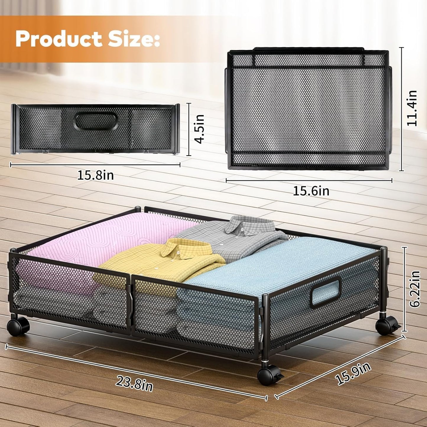 Under Bed Storage with Wheels, Rolling Under Bed Storage Storage Bins for Shoes Clothes, Foldable and Easy Mobility (2 Pack, Black)