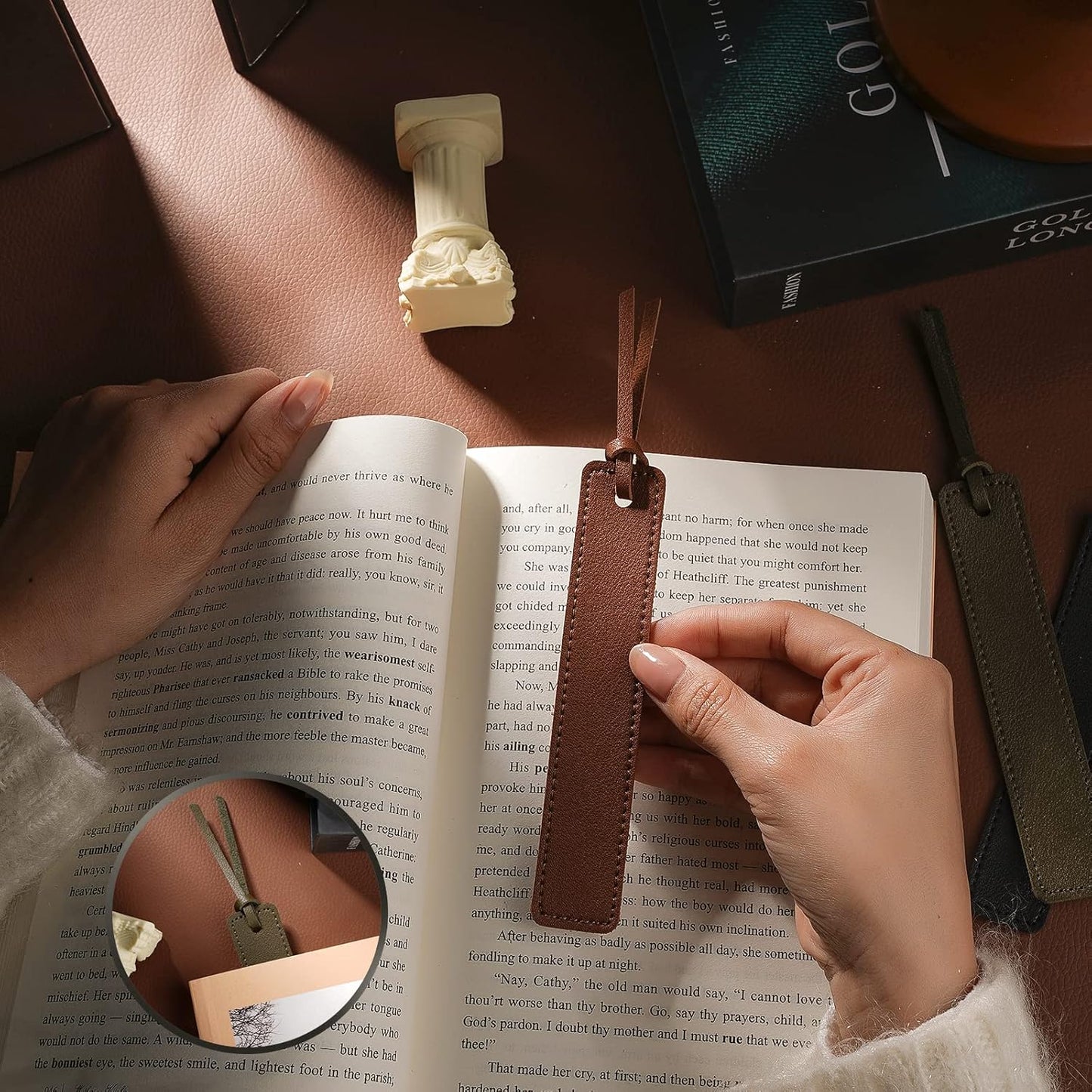 Leezmark 4 Pcs Leather Bookmark, Classic Stitched Bookmark, Bookmarks with Leather Rope, Page Markers Reading Gifts for Book Lovers, Readers, Book Marks for Men Women