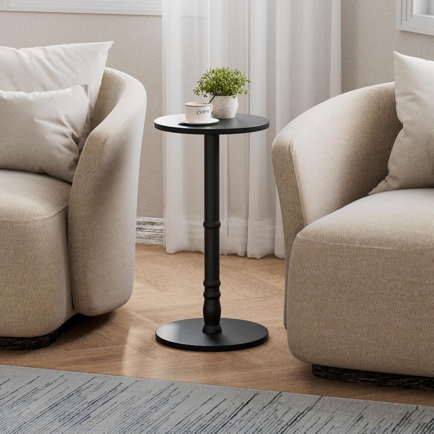12" Round Side Table, Solid Wood Pillar with Wood Top & Base, Small Drink Accent Table for Living Room, Bedroom, Sofa & Office, Easy Assembly, Black