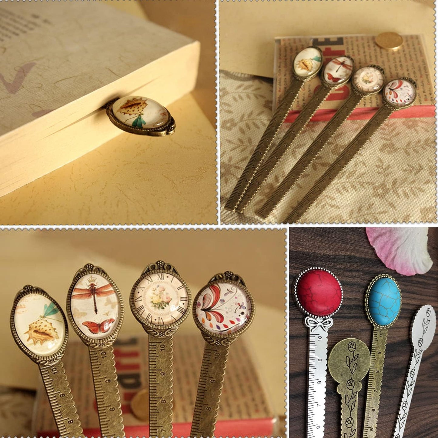 Honbay 8PCS Metal Bookmark Ruler Book Page Marker Retro Ruler Bookmark Pendant Tray Kit for School Office Supplies and Book Gifts Making (4 Styles, 2 Color)