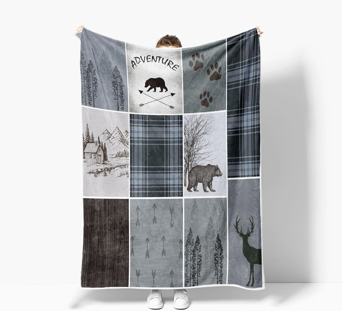 Rustic Cabin Bear Deer Weighted Thick Throw Blanket for Couch, Dusty Blue Hunting Camper Woodland Farmhouse Lodge Plaid Check Soft Cozy Chunky Fleece Flannel Blanket for Bed Office (50X60 Inches)