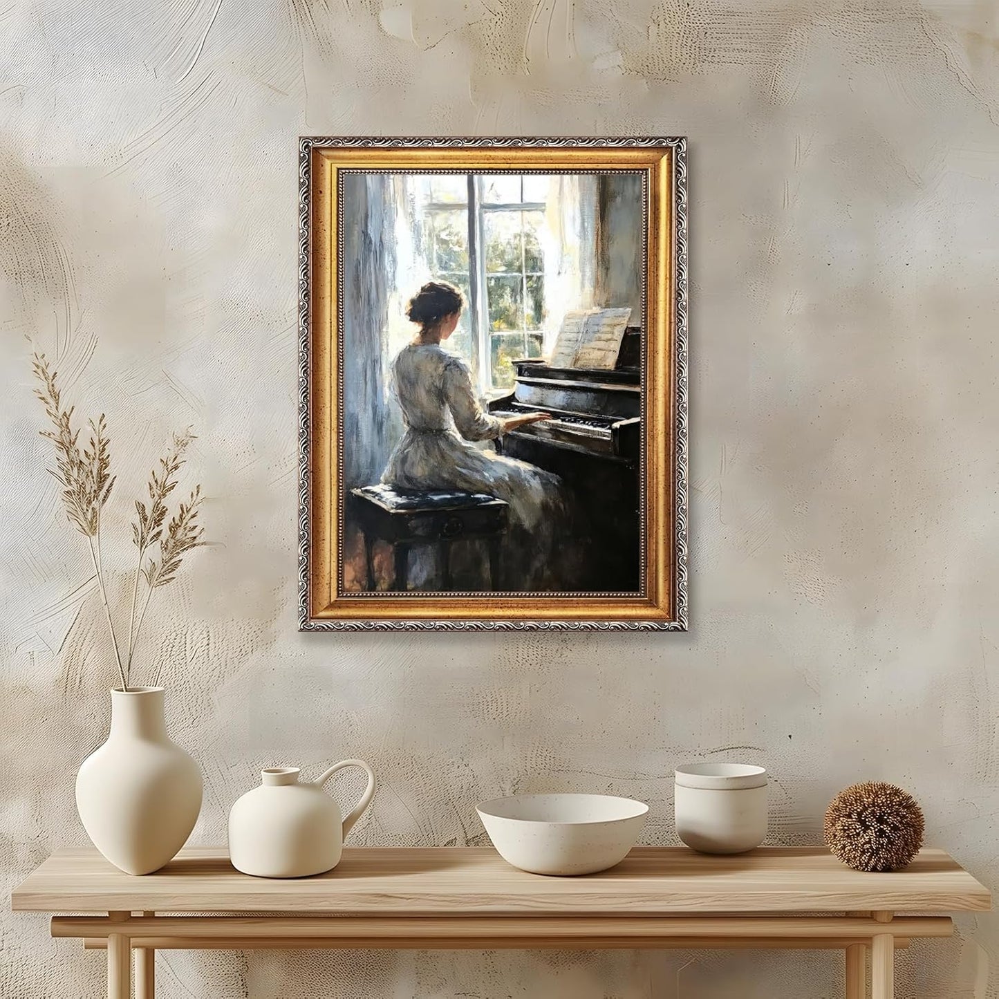 Large Framed Woman Playing Piano by the Window Canvas Wall Art Vintage Elegant Lady Oil Painting Poster Classical Music Artwork Print Impressionist Cottage Decor for Bedroom Home 24x36inch