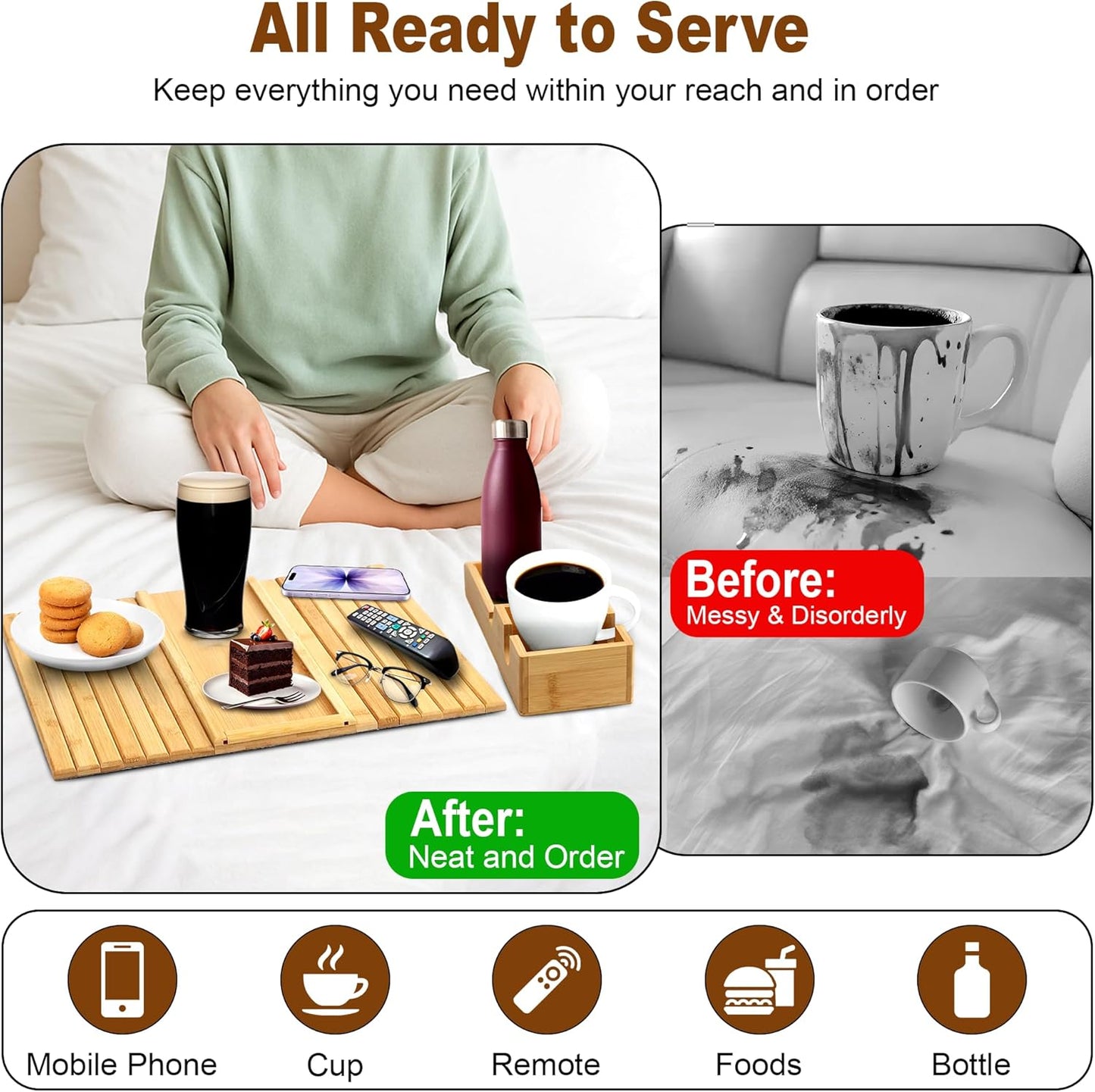 2-in-1 Adjustable Bamboo Sofa Cup Holder Tray (Fits 4.5” to 14” Arms) - Detachable Armchair Caddy with Sofa Arm Tray Drink Organizer - Foldable Couch Caddy with Cup Holder for Phone Remote Snack