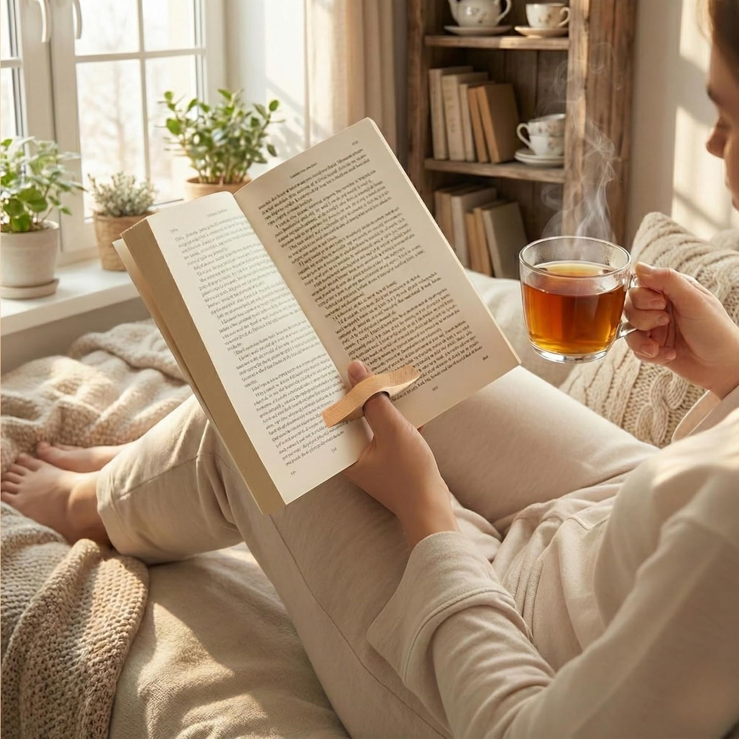 4 Piece Set: Ergonomic Wood Book Page Holder & 2 Magnetic Bookmarks - Thumb Book Opener - Ideal Reading Accessories & Gifts for Book Lovers