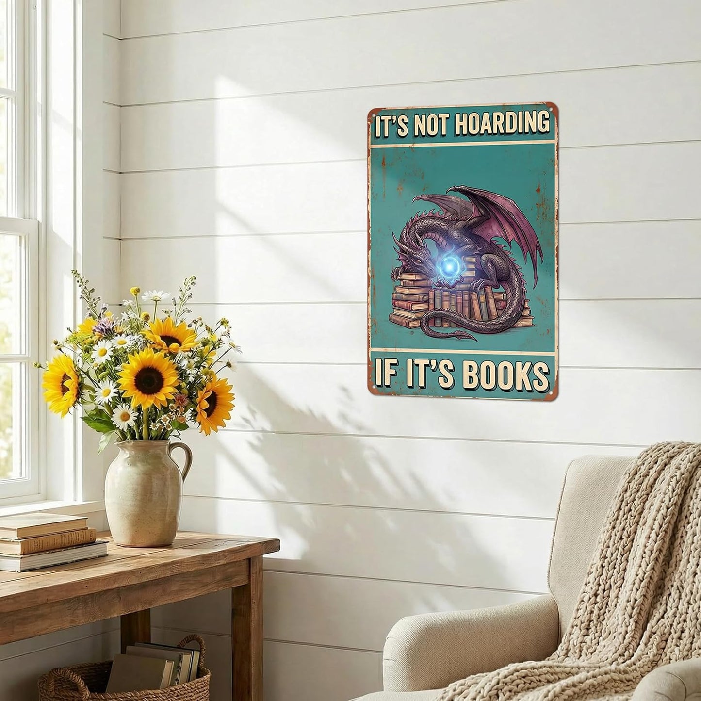 Vintage Dragon Metal Sign It's Not Hoarding If It's Books Funny Book Lover Gifts for Women Men Library Decor Reading Room Bookshelf Aluminum Wall 8x12 Inch